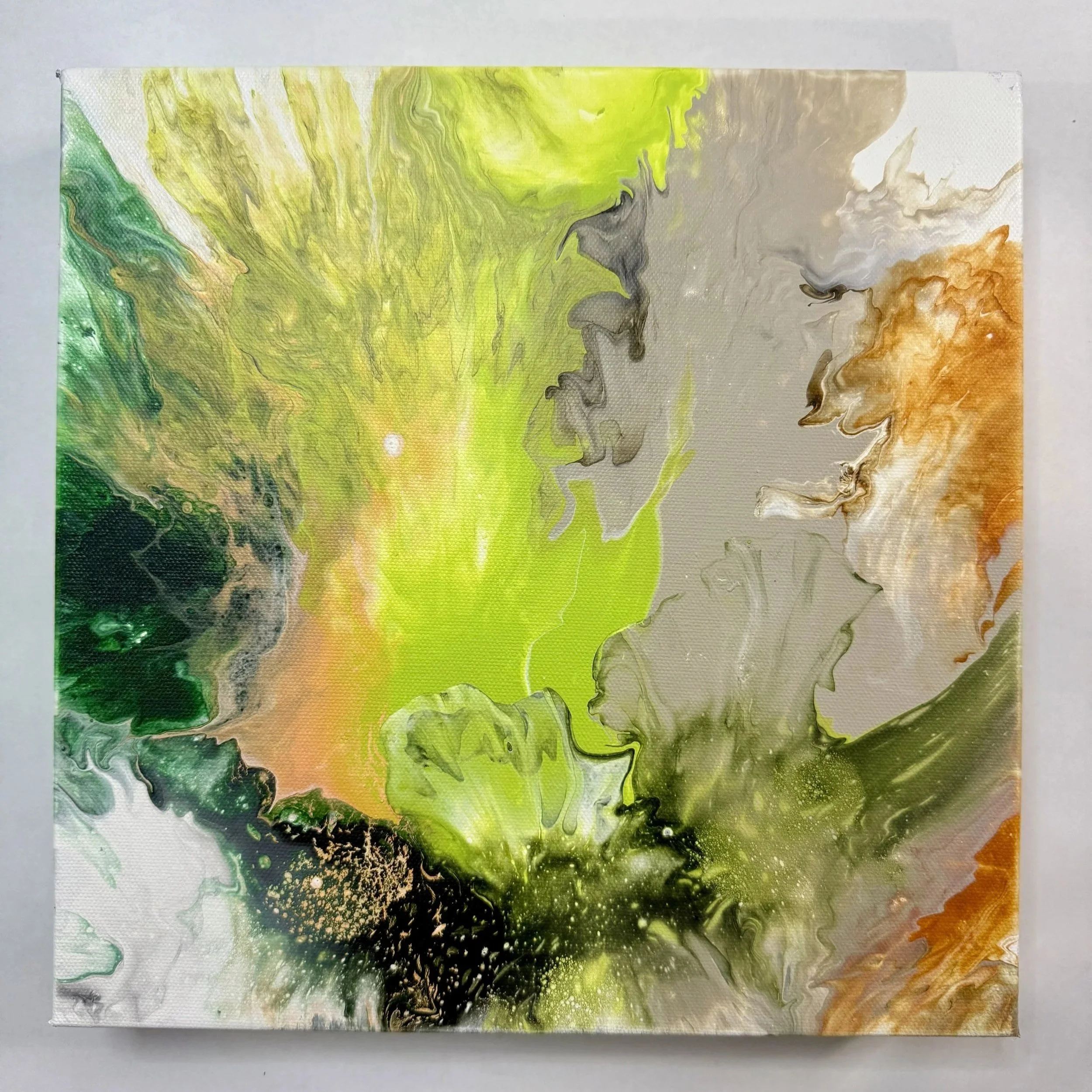 Abstract acrylic painting featuring swirling shades of green, beige, white, black, and orange creating a dynamic, fluid composition.