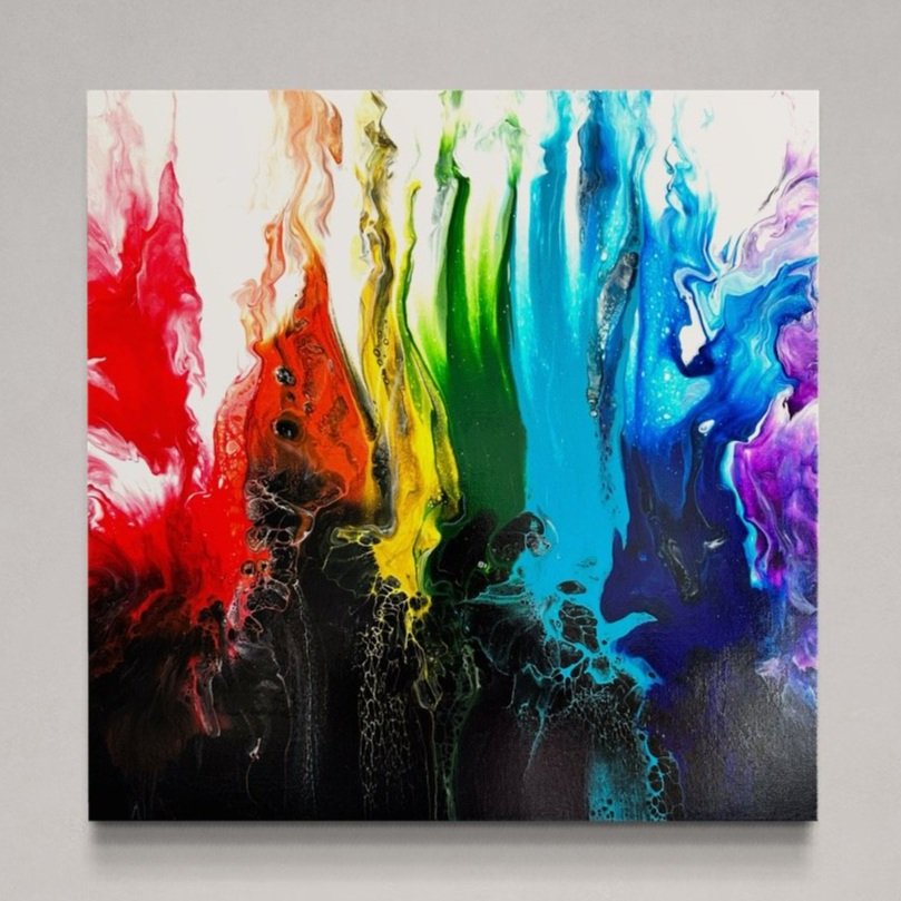 Abstract painting Unified Spectrum by Jayna Mistry – colorful fluid artwork symbolizing connection