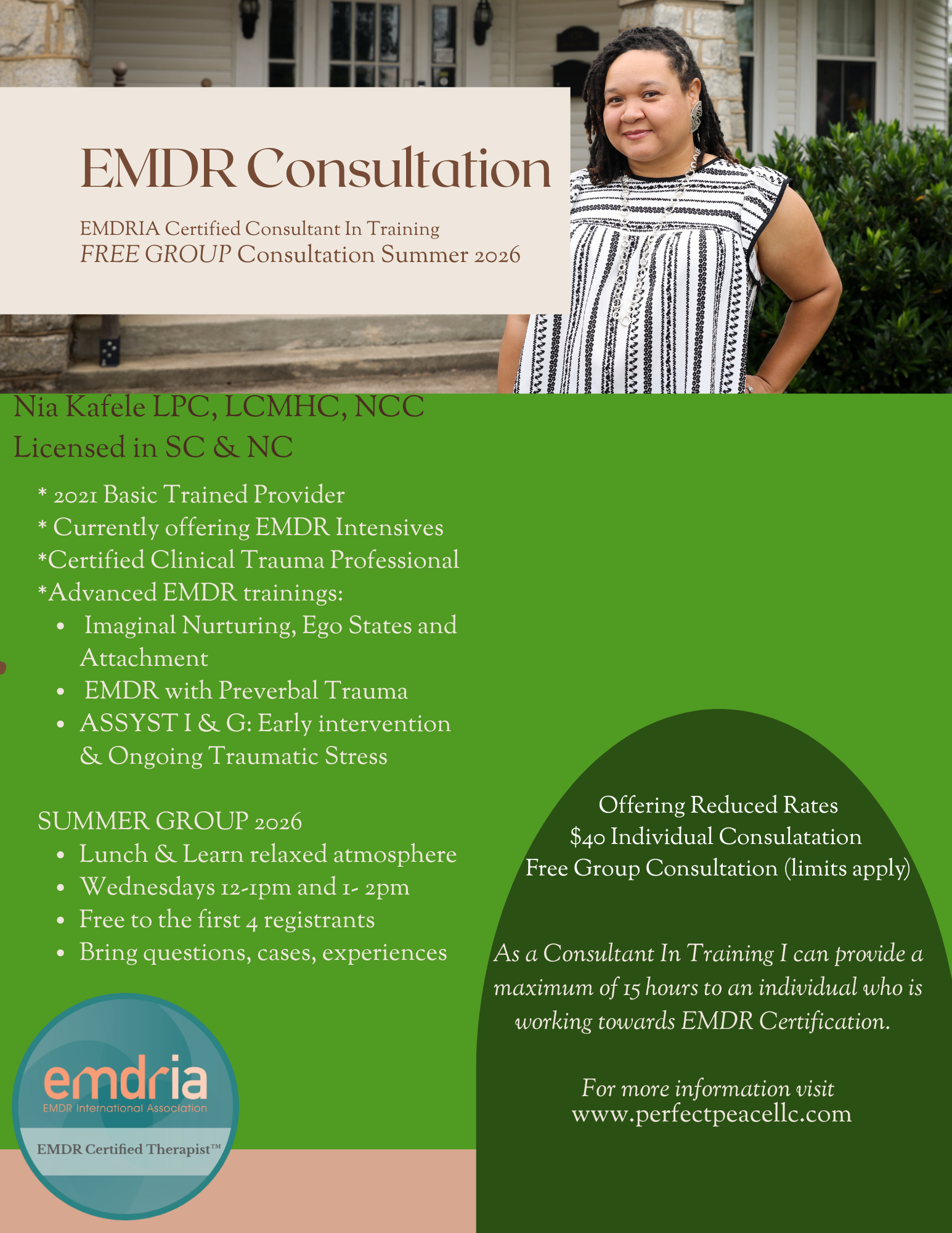 Promotional flyer for EMDR consultation services featuring a woman standing outdoors in front of a house. The flyer details services, qualifications, training programs, and rates, with a logo for emdria at the bottom left.