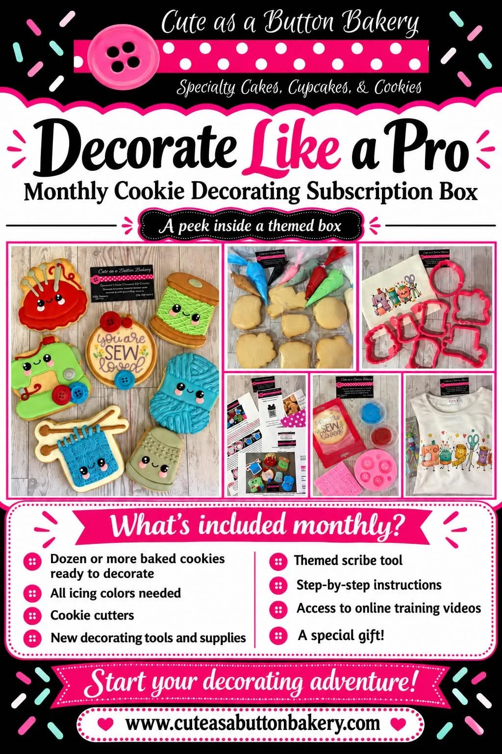 Black bakery box with pink and white button graphic and text promoting decoration subscription box, with details about treats and crafting.