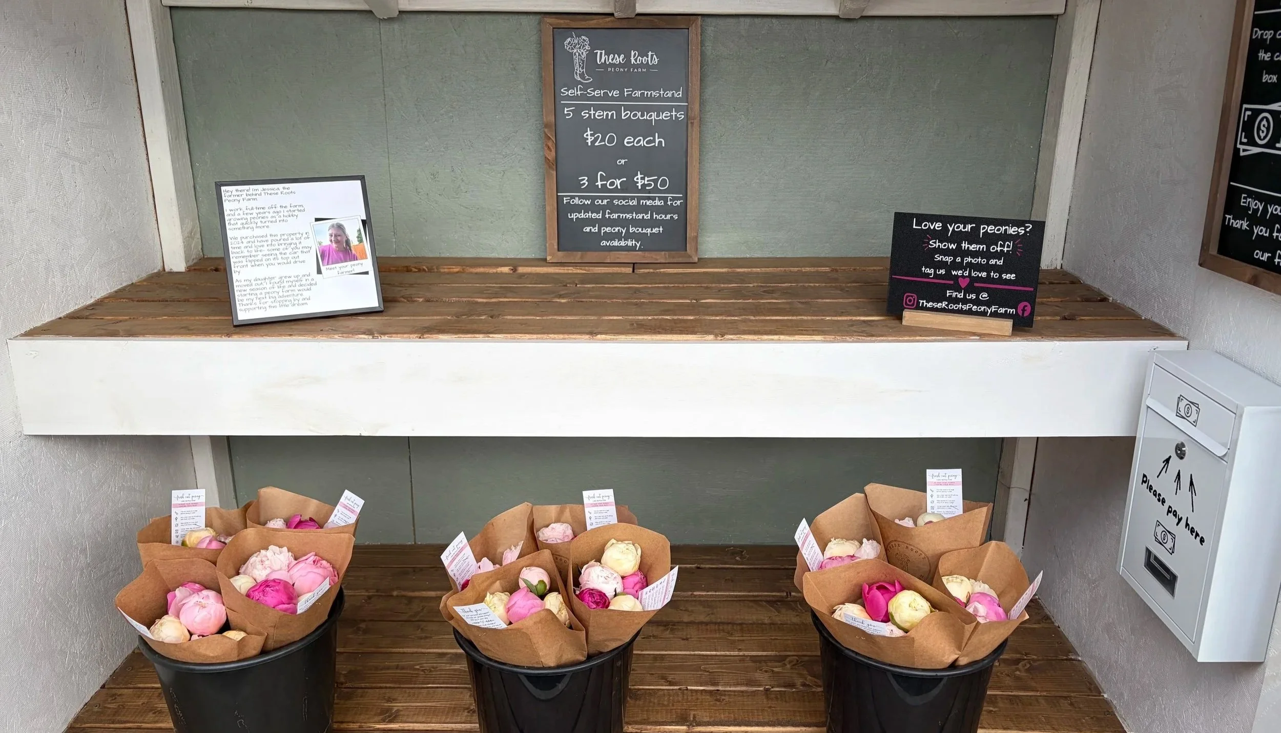 Bouquet of fresh peony flowers in pink, white, and dark red, on a wooden surface with text promoting fresh cut peonies at These Roots Peony Farm on Farmstand.