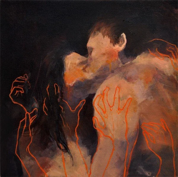 A painting of a man and woman in a passionate kiss with red neon-like outlines of their hands and arms.