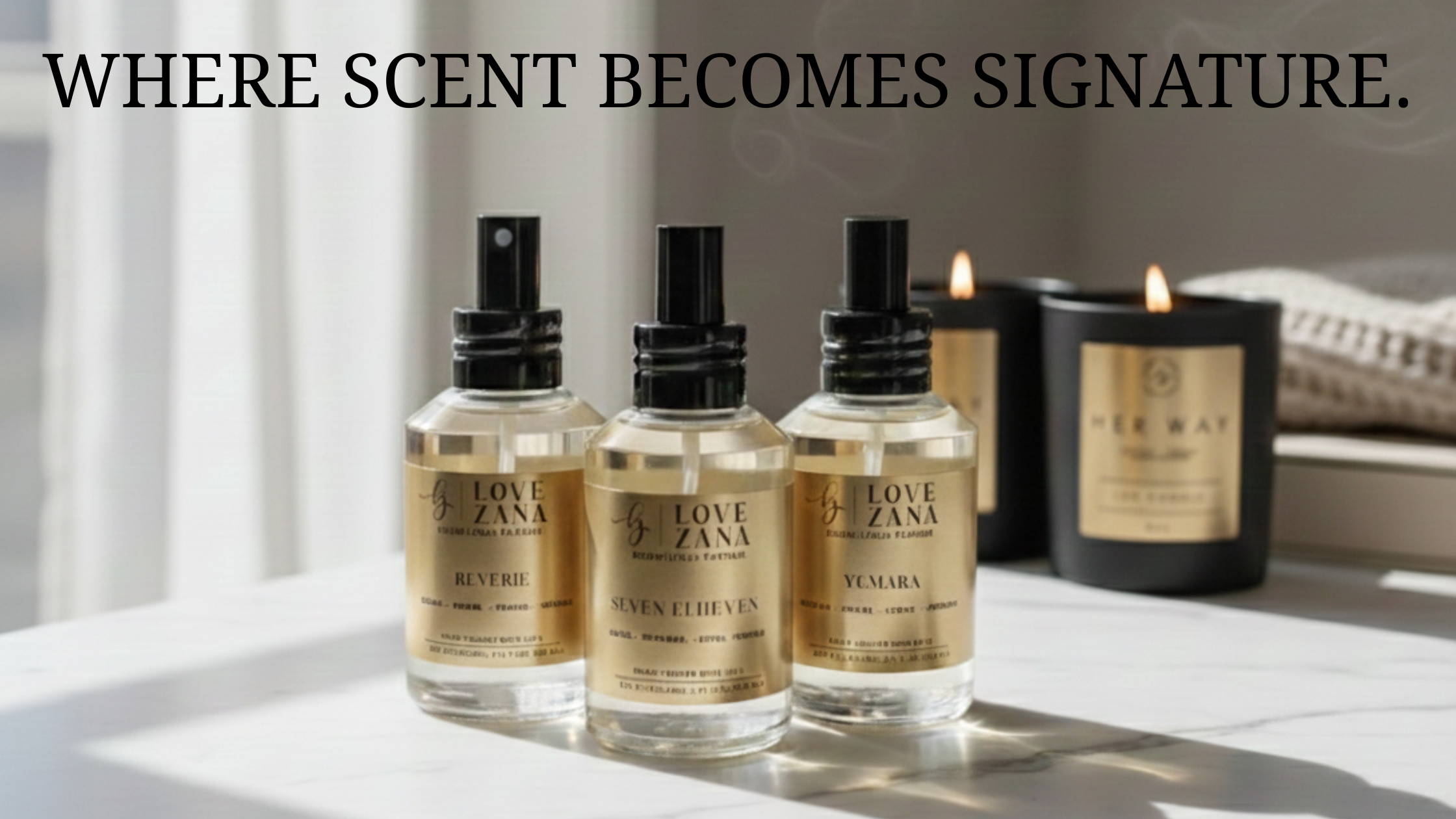 Three bottles of Love Zana perfume with spray tops on a white surface, next to two black candles with labels, one lit, in a cozy setting.