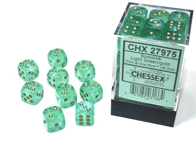 Chessex - Borealis Light Green/Gold Luminary 12mm d6 Dice (36 dice) Glows in the Dark