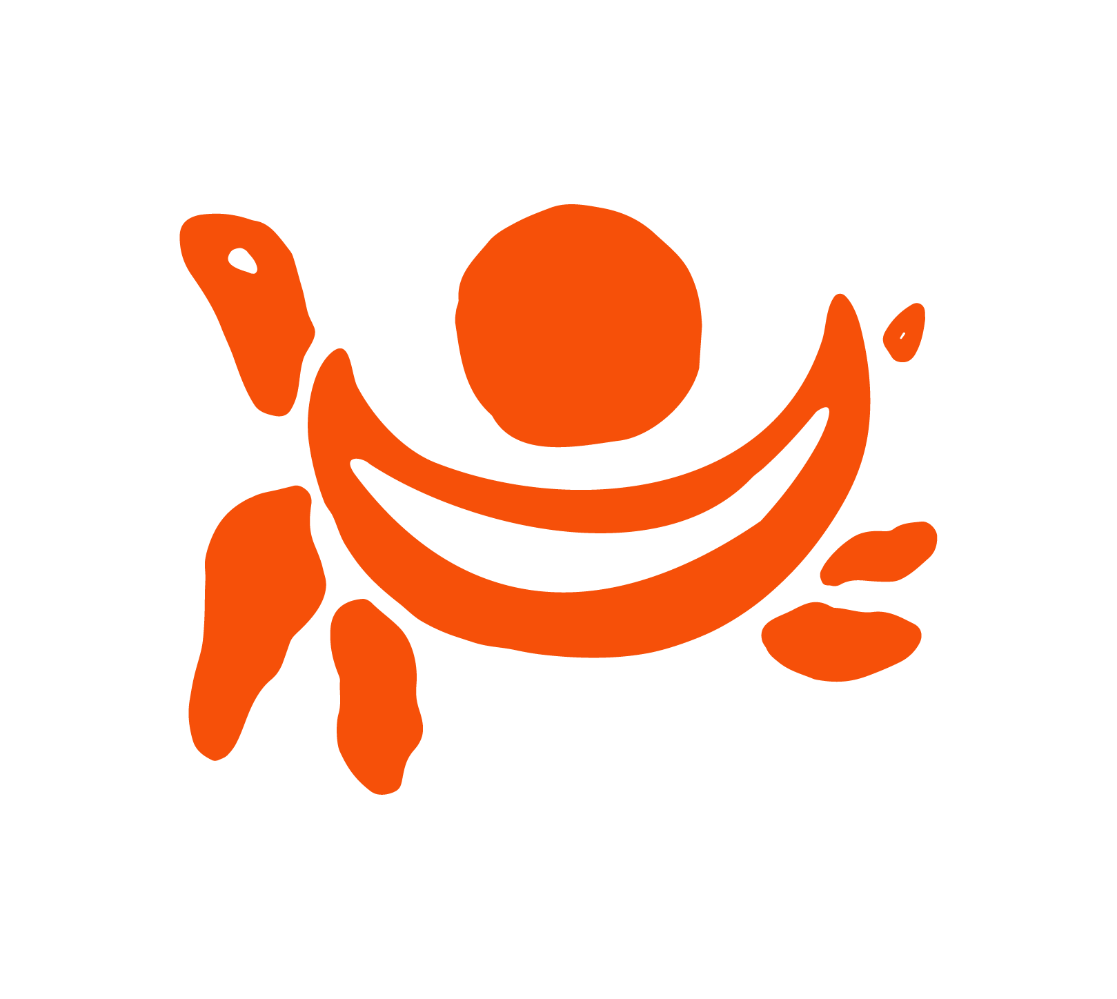 Orange paint splash with a large circle and curved lines resembling a stylized sun or abstract design.