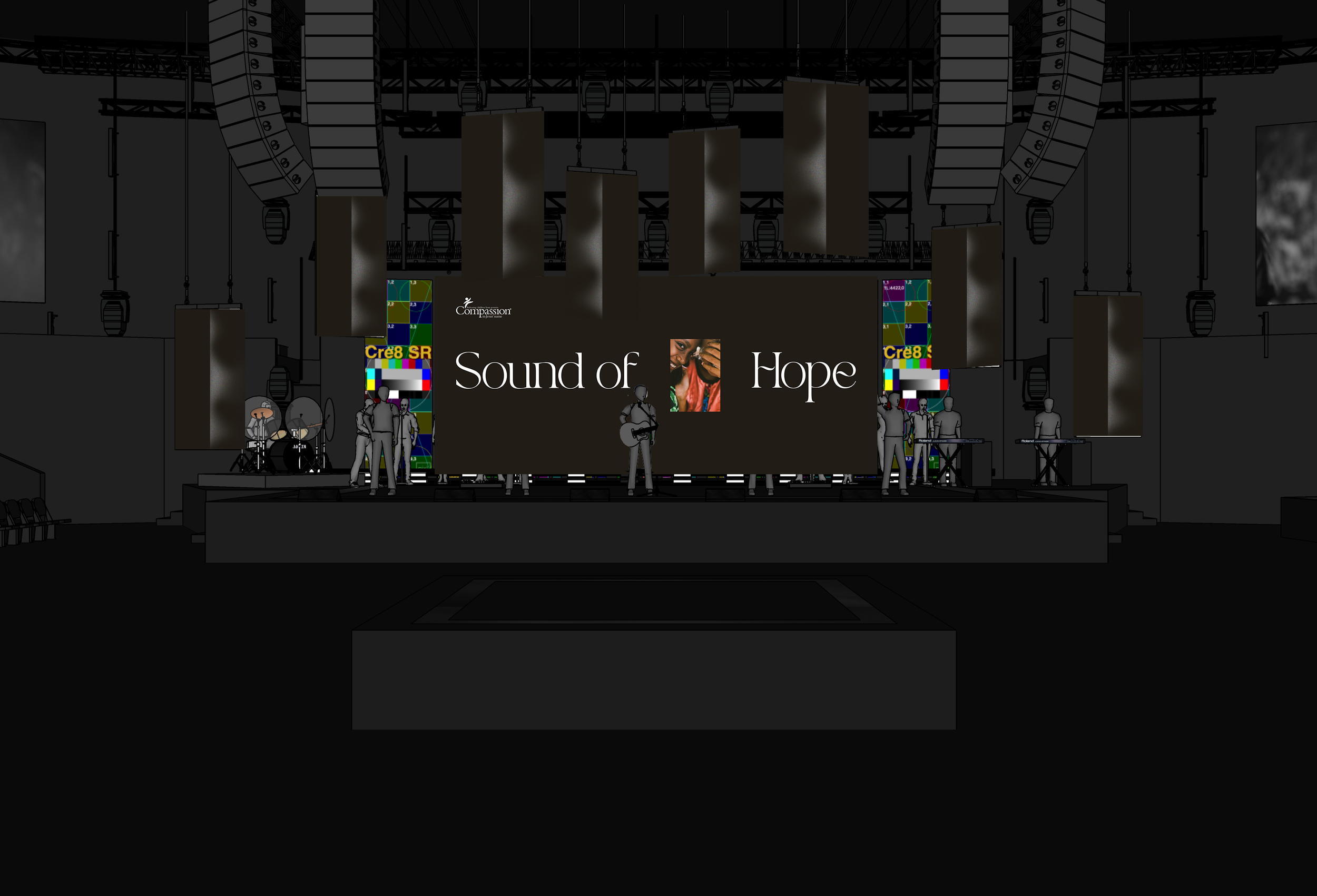 Stage design – main screen and LED pillars