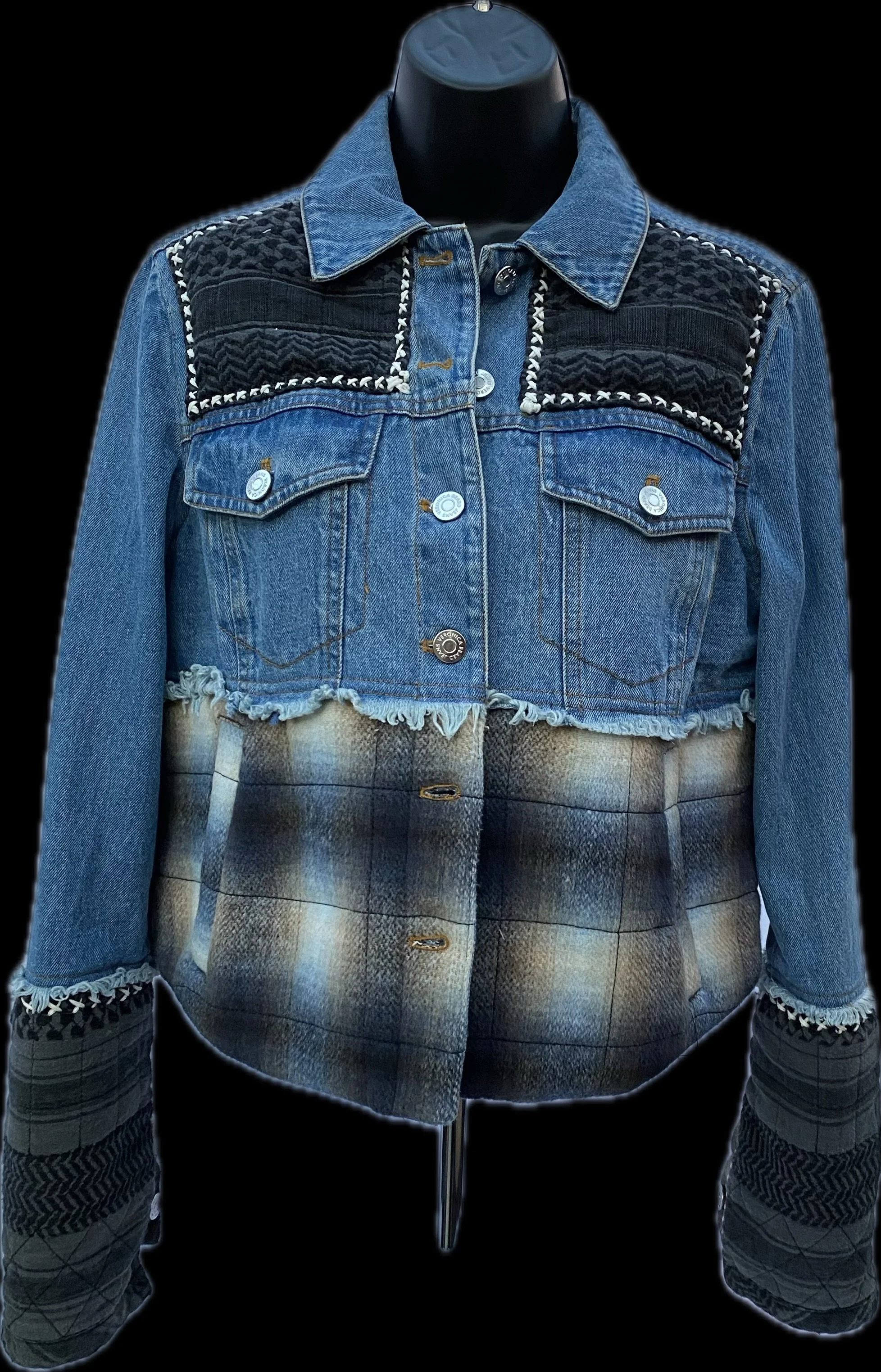 Two-toned quilted denim and flannel jacket with Keffiyeh (Extra Small, 18" across chest, 21" from shoulder top to bottom hem)