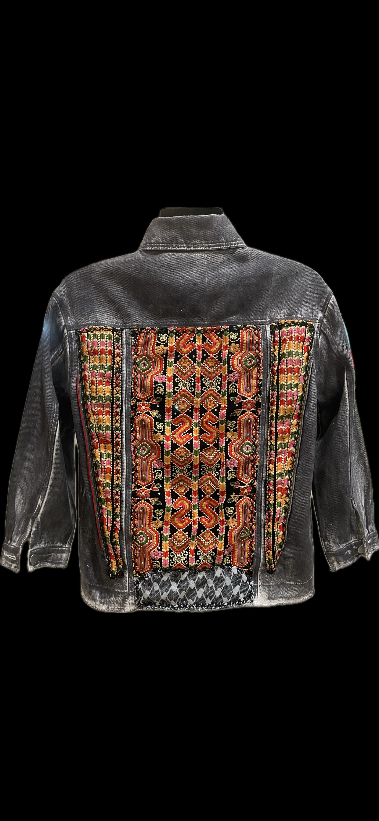 Designer grey denim jacket with Keffiyeh and Tatreez (Oversized Extra Small - Small, 22" across chest, 26" from shoulder top to bottom hem)