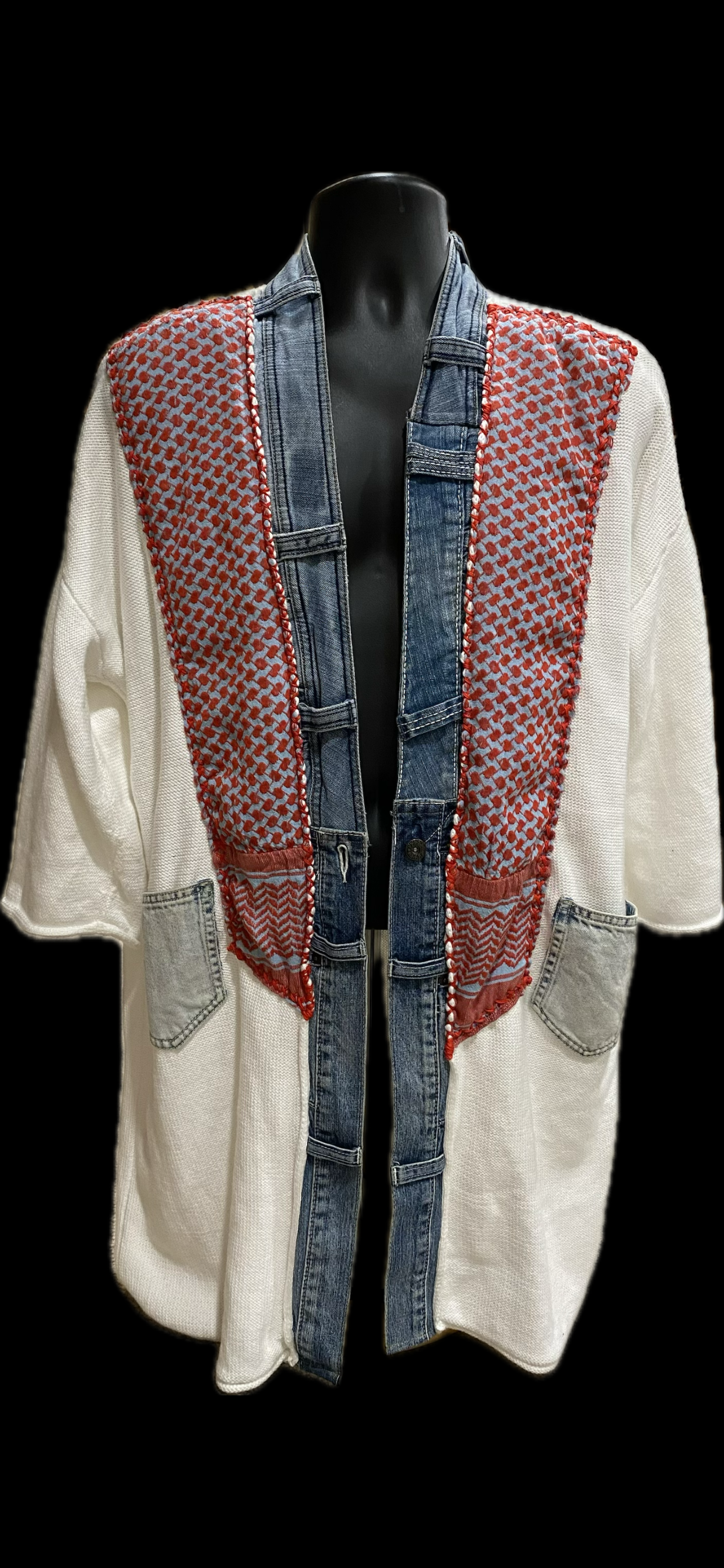 White knit kimono with denim accents and Keffiyeh (Open front, 23" across (46" around) and 36" from shoulder top to bottom hem)