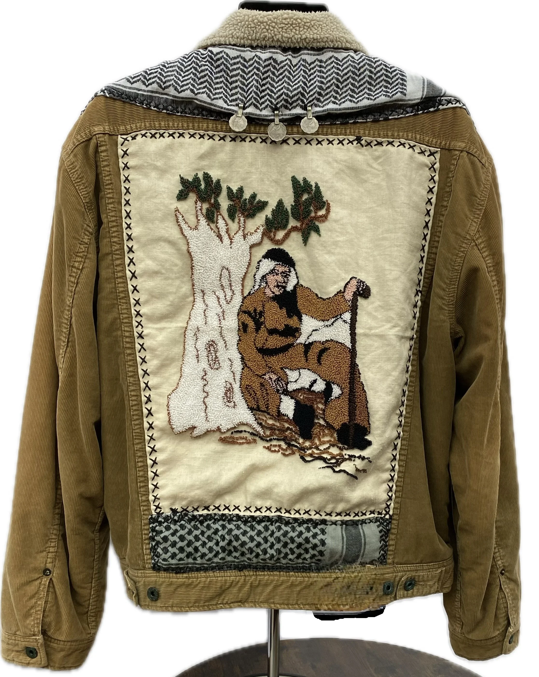 Fully fleece-lined, vintage khaki corduroy jacket with Keffiyeh and yarn art (Extra Large - 26" across chest, 27" from shoulder top to bottom hem)