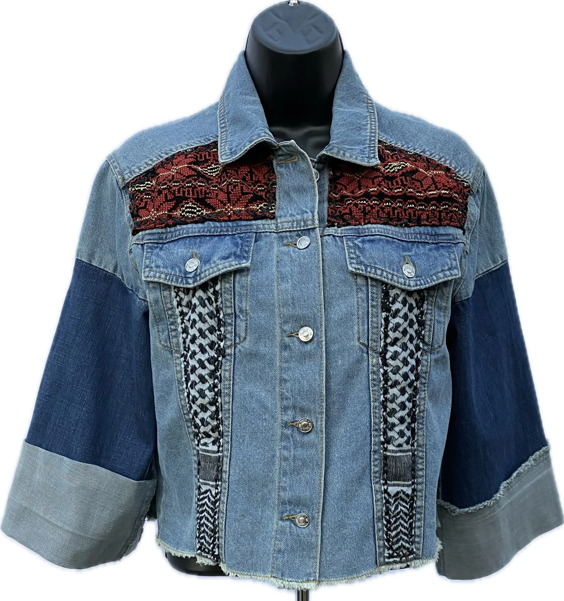 Two-toned blue denim jacket with Tatreez and Keffiyeh (Extra Small - 17" across chest and 19" from shoulder top to bottom hem)