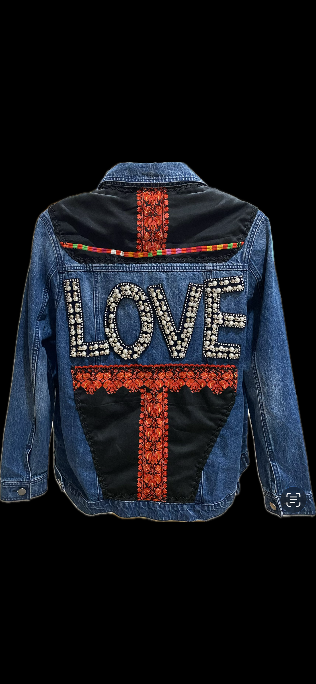Twice up-cycled distressed blue denim jacket with Tatreez and Keffiyeh (Medium - Large, 23" across chest (46" around) and 24" from shoulder top to bottom hem)