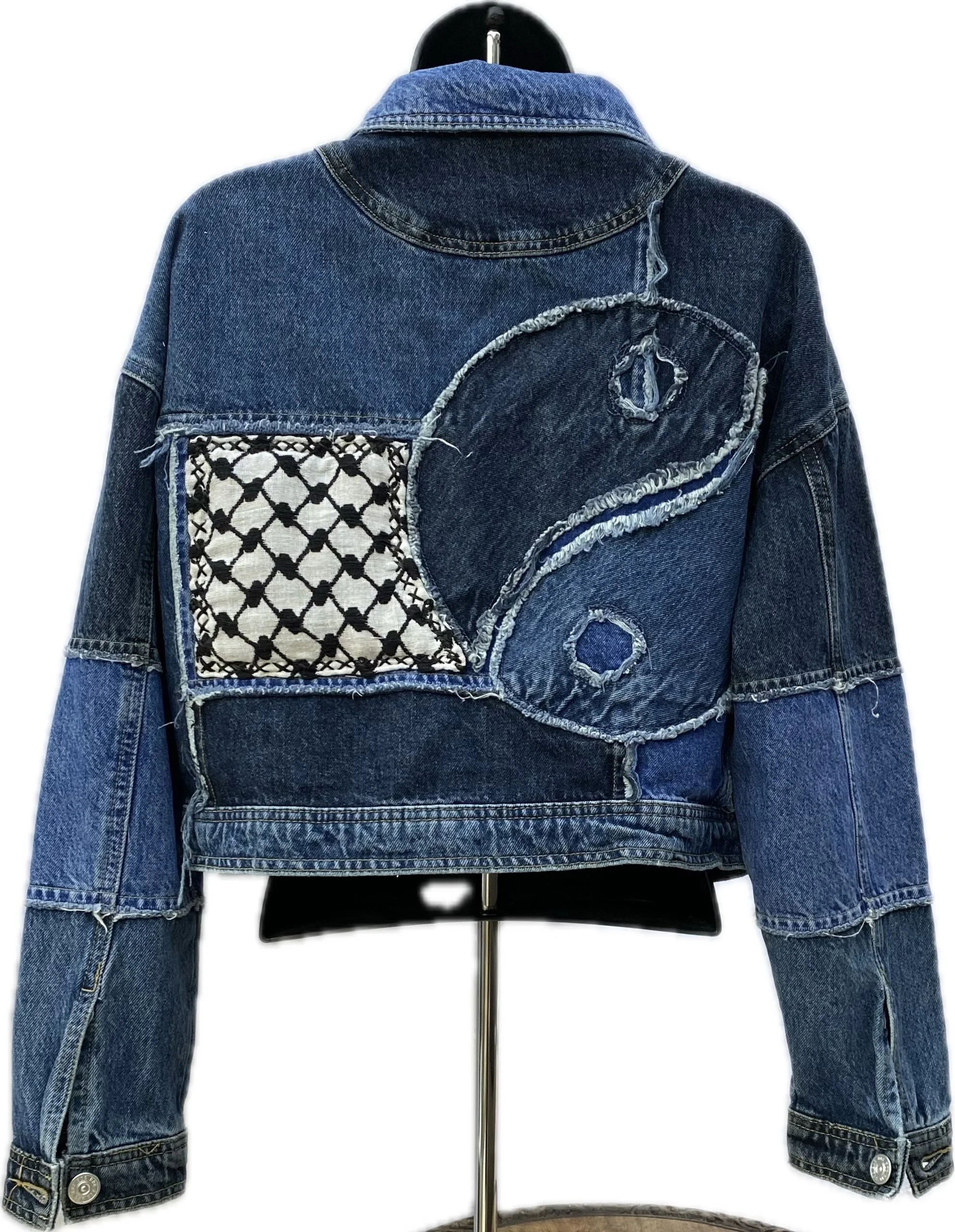 Distressed two-tone blue denim jacket with Keffiyeh (Extra Small - Small, 22" across chest, 19" from shoulder top to bottom hem)