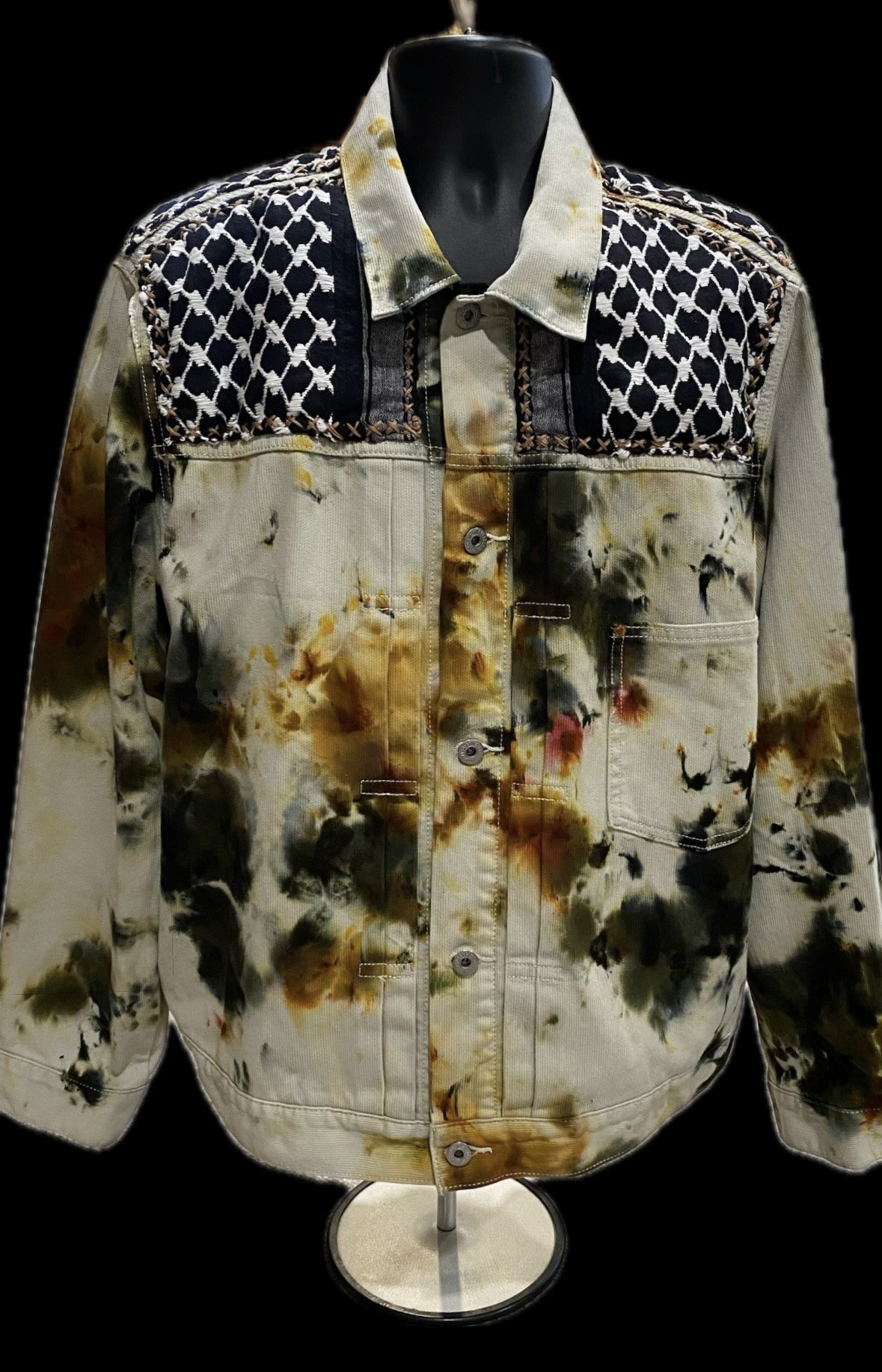 Beige corduroy jacket with hand-dyed multi-colored pattern and Keffiyeh (Extra Large, 24" across chest (48" around), 28" from shoulder top to bottom hem)