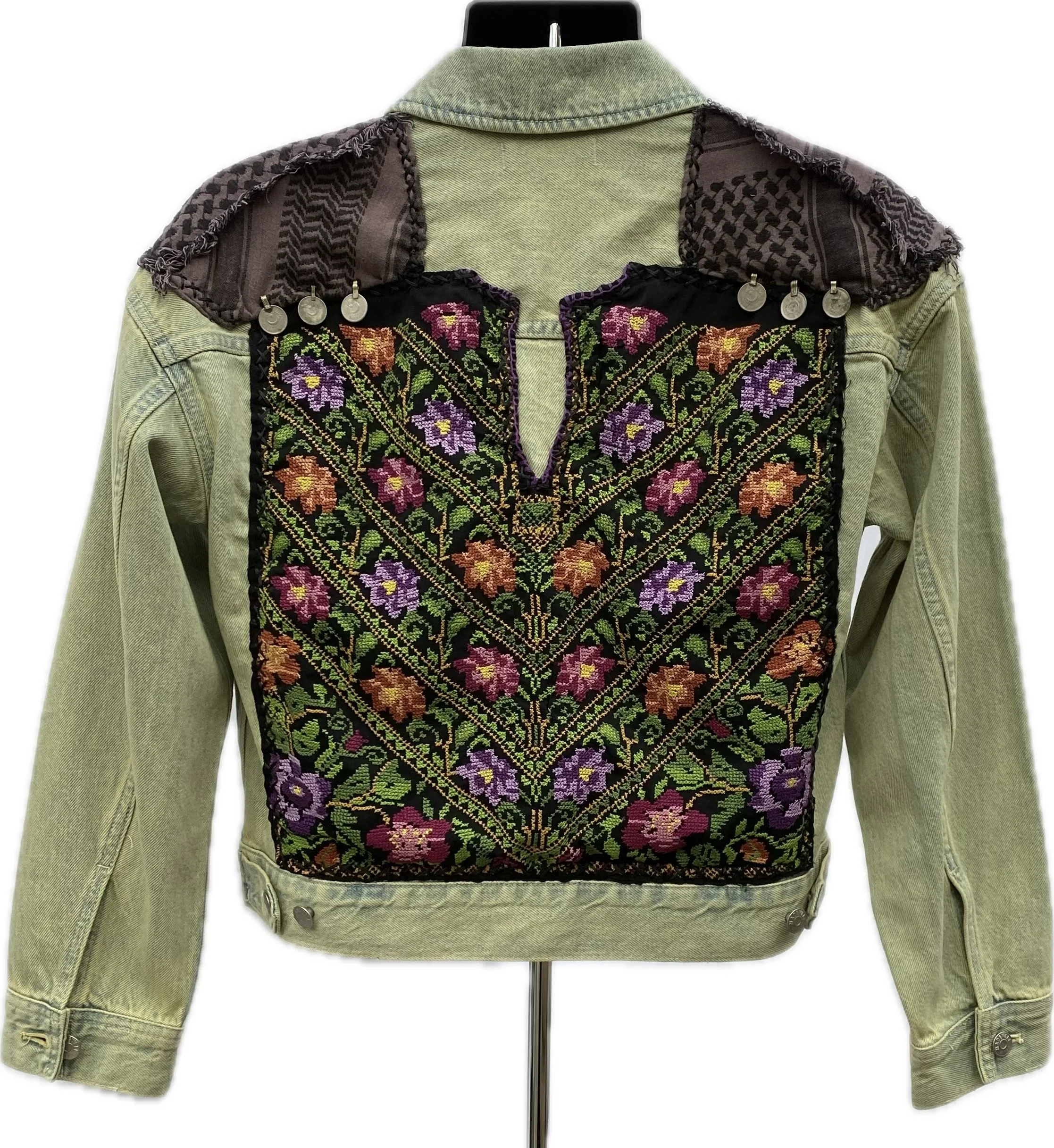Acid washed green denim jacket with reclaimed Keffiyeh and hand sewn Tatreez (Small, 20" across chest, 21" from shoulder top to bottom hem)