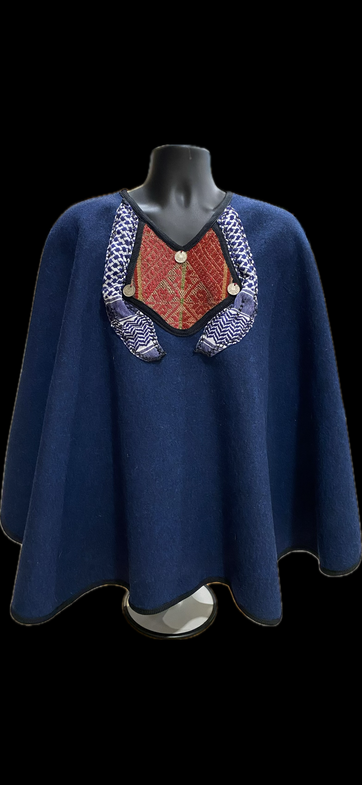 Embroidered blue woolen cape with Keffiyeh (One Size, 52" across, 30-32" down)