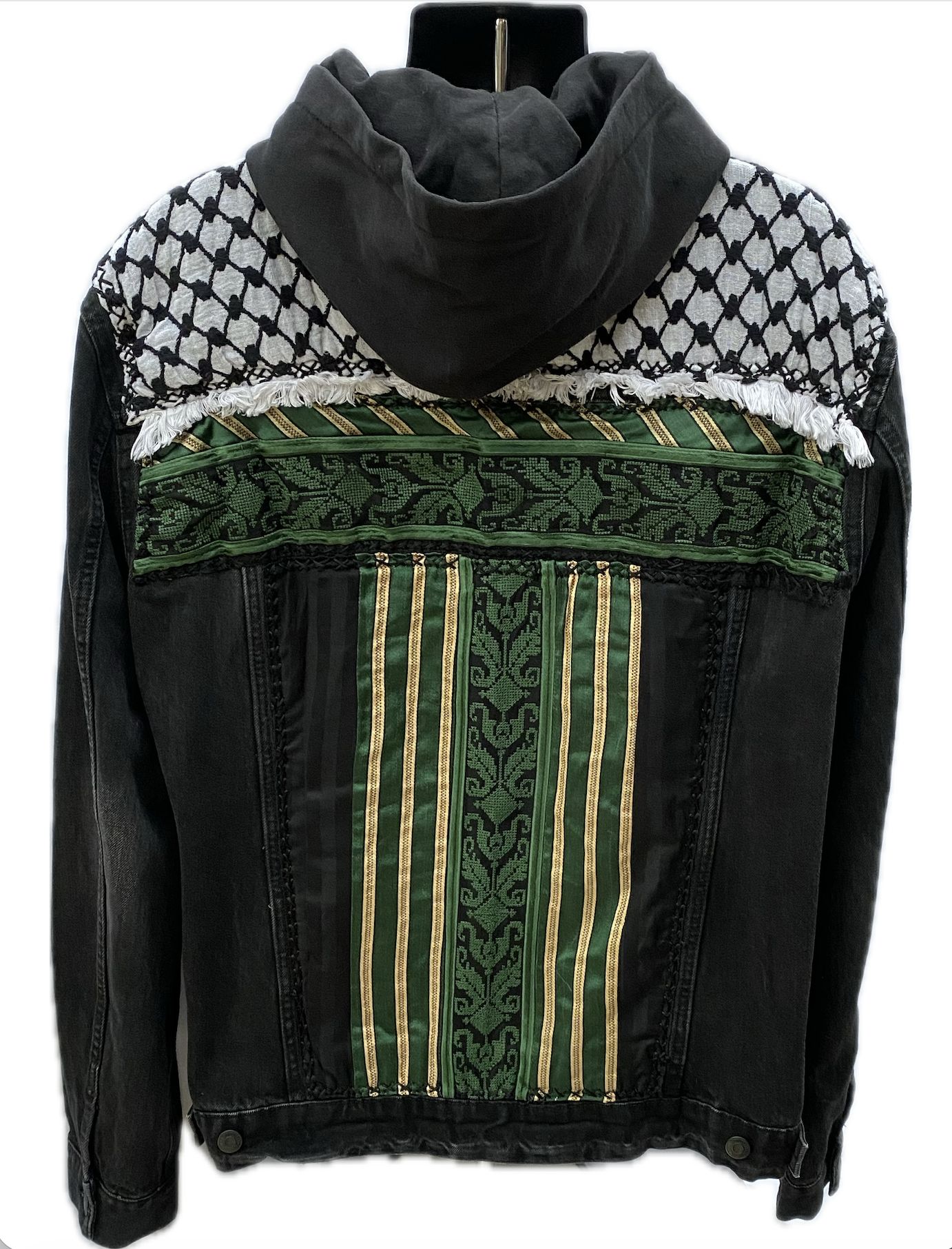 Fully lined black denim jacket with hoodie, Tatreez, Keffiyeh, and Kashmir (3XL, 30" across chest, 30" from shoulder top to bottom hem)
