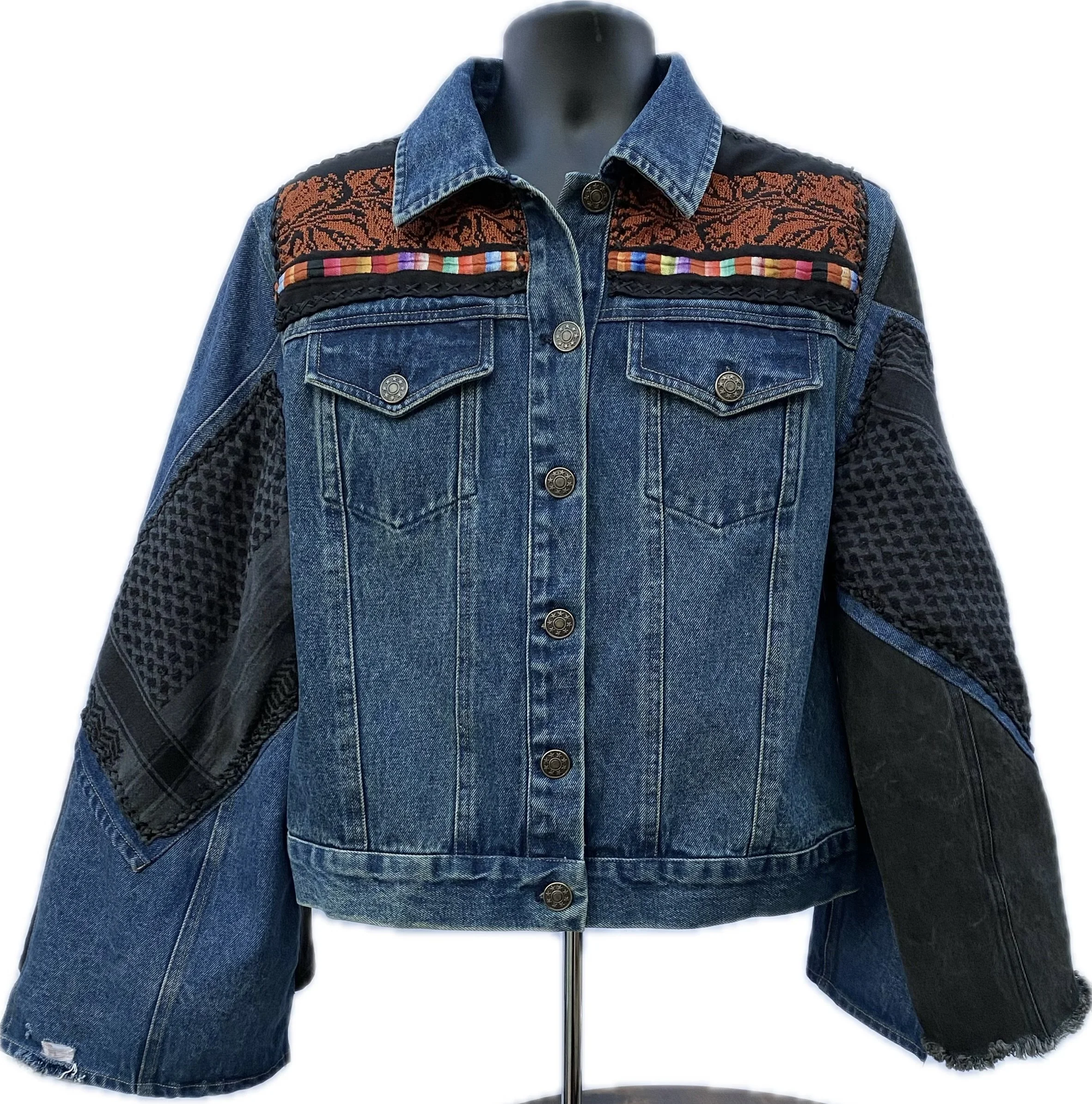 Two-toned blue and black denim jacket with kimono sleeves, vintage hand sewn Tatreez and Keffiyeh (Large, 22" across chest and 23" from shoulder top to bottom hem)