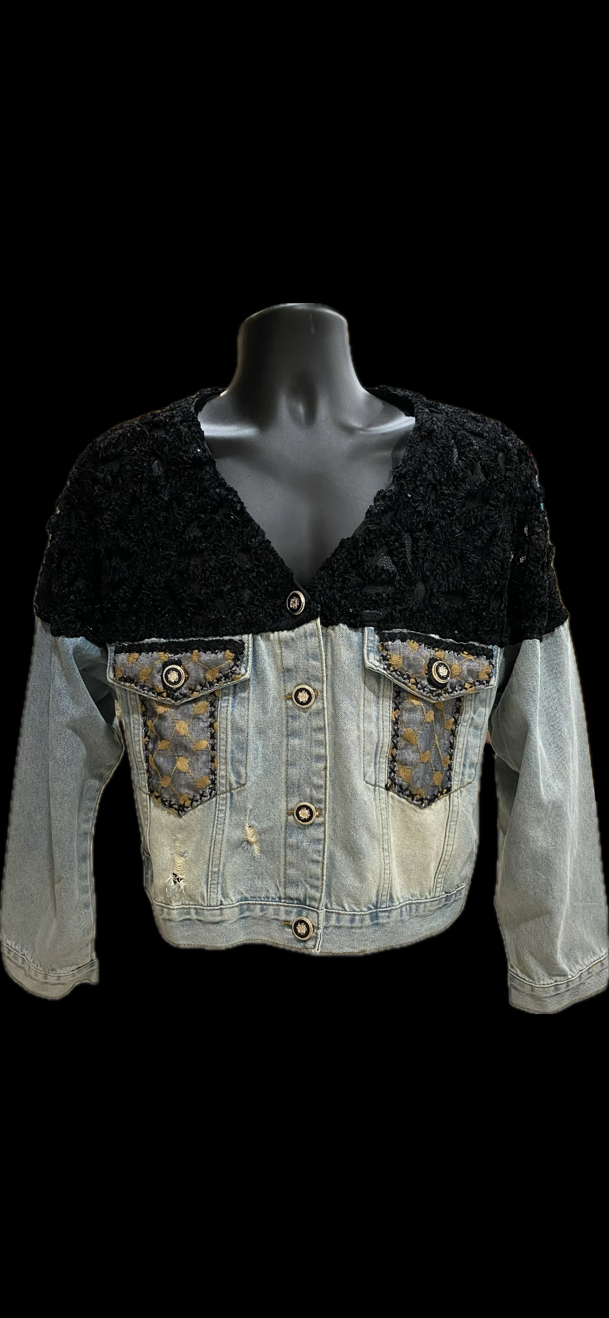 Embroidered blue denim jacket with Tatreez and Keffiyeh (Oversized Small, 24" across chest (48" around) and 21.5" from shoulder top to bottom hem)