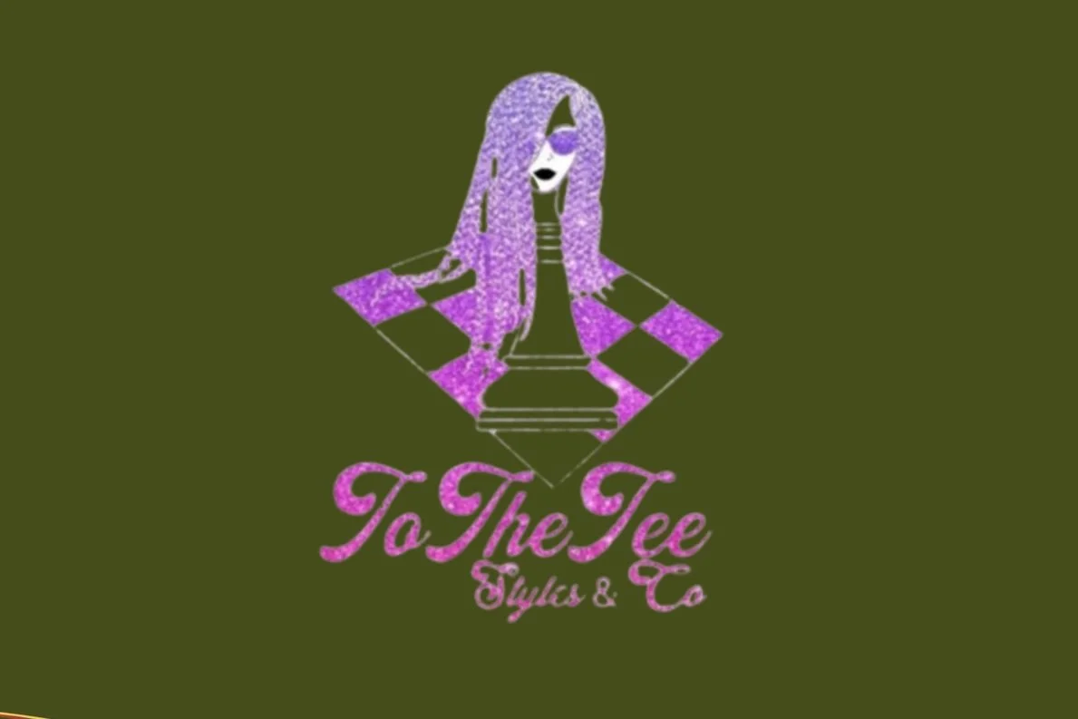 Logo for To The Tee Styles & Co featuring a cartoon woman with long purple hair, sunglasses, and a graphic chess piece, with the name in pink cursive below.