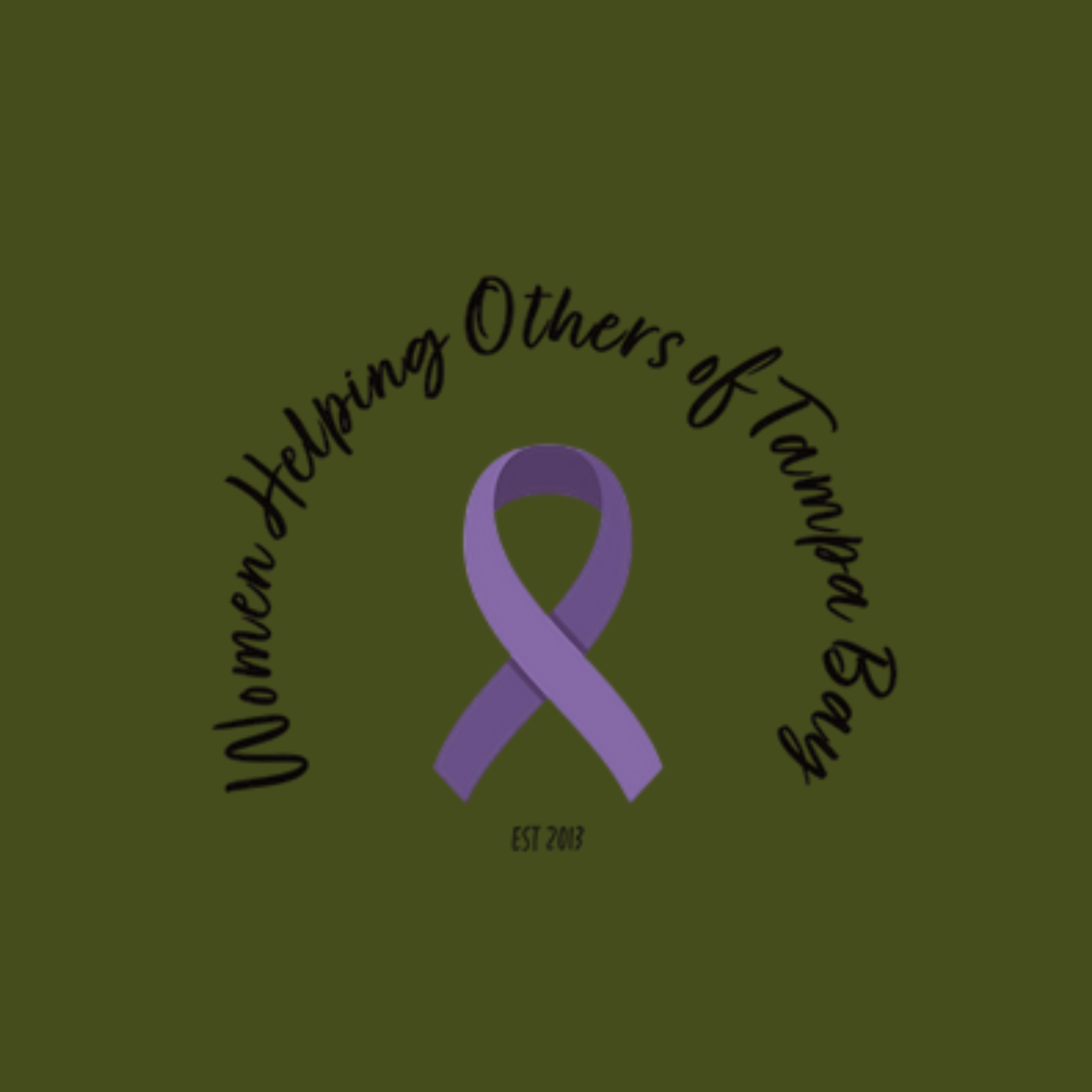 Purple awareness ribbon with text around it reading "Women Helping Others of Tami" and "Est 2012" on a dark green background.