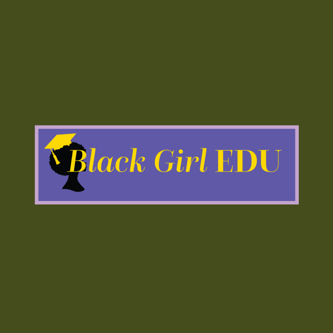 A logo for 'Black Girl EDU' featuring a silhouette of a girl with curly hair holding a yellow graduation cap.