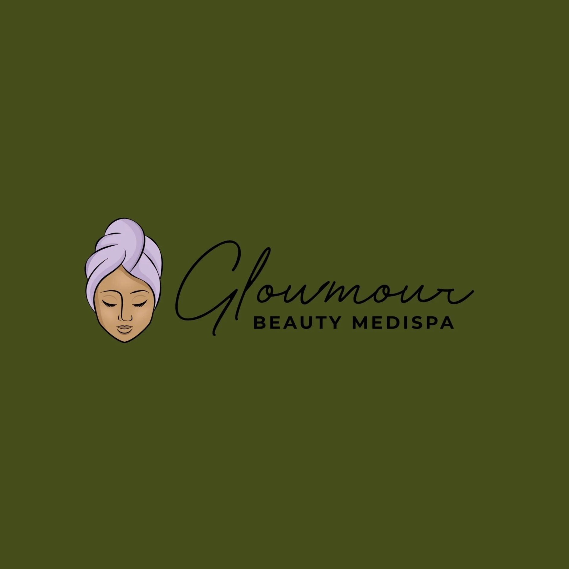 Logo for Glamour Beauty Medispa featuring a stylized illustration of a woman's face with a lavender towel wrapped around her head, set against a dark green background with the words "Glamour" in cursive and "Beauty Medispa" in uppercase letters.