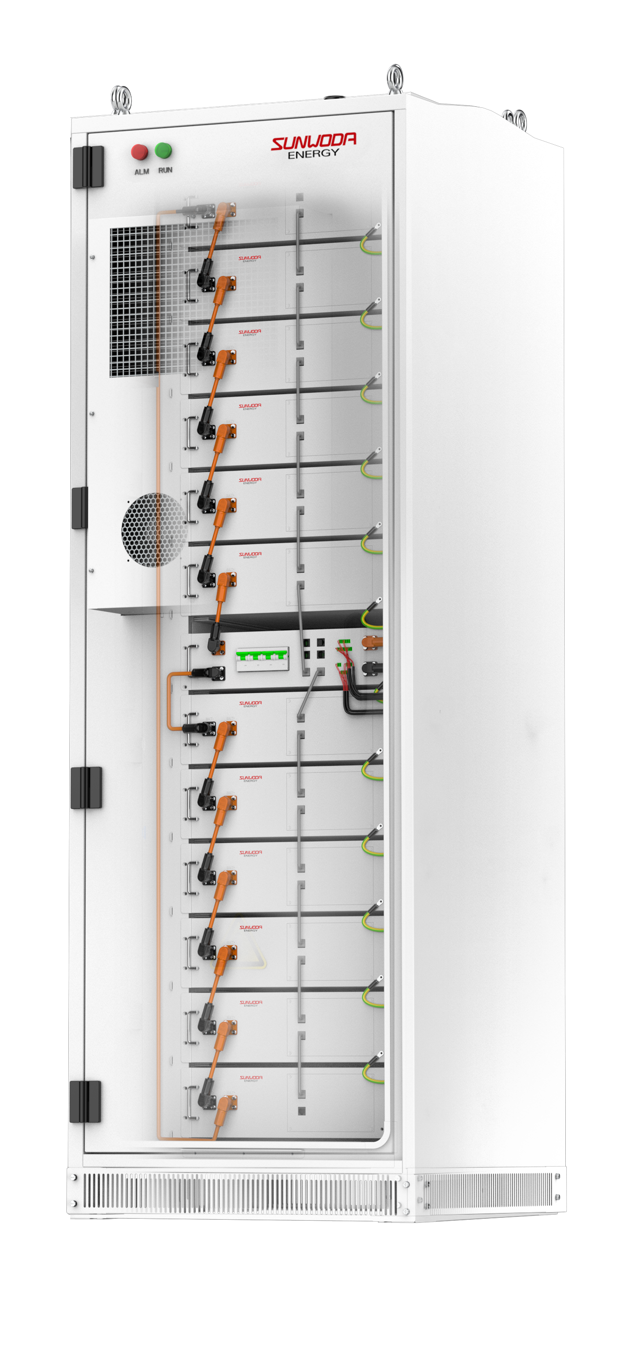 A large white electrical or data server cabinet with electronic components and wiring inside, branded Sunwoda Energy, with various circuits, wiring, and connection points.