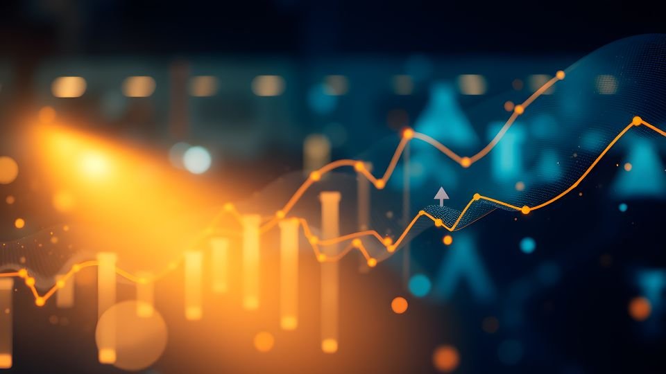 Digital graph with upward trend lines, bar charts, and glowing effects representing financial growth or data analysis.