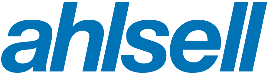 Bilden visar ordet "ahlsell" i feta blå bokstäver, med "a" något lutande och texten som sträcker sig till en stiliserad, modern logotyp.