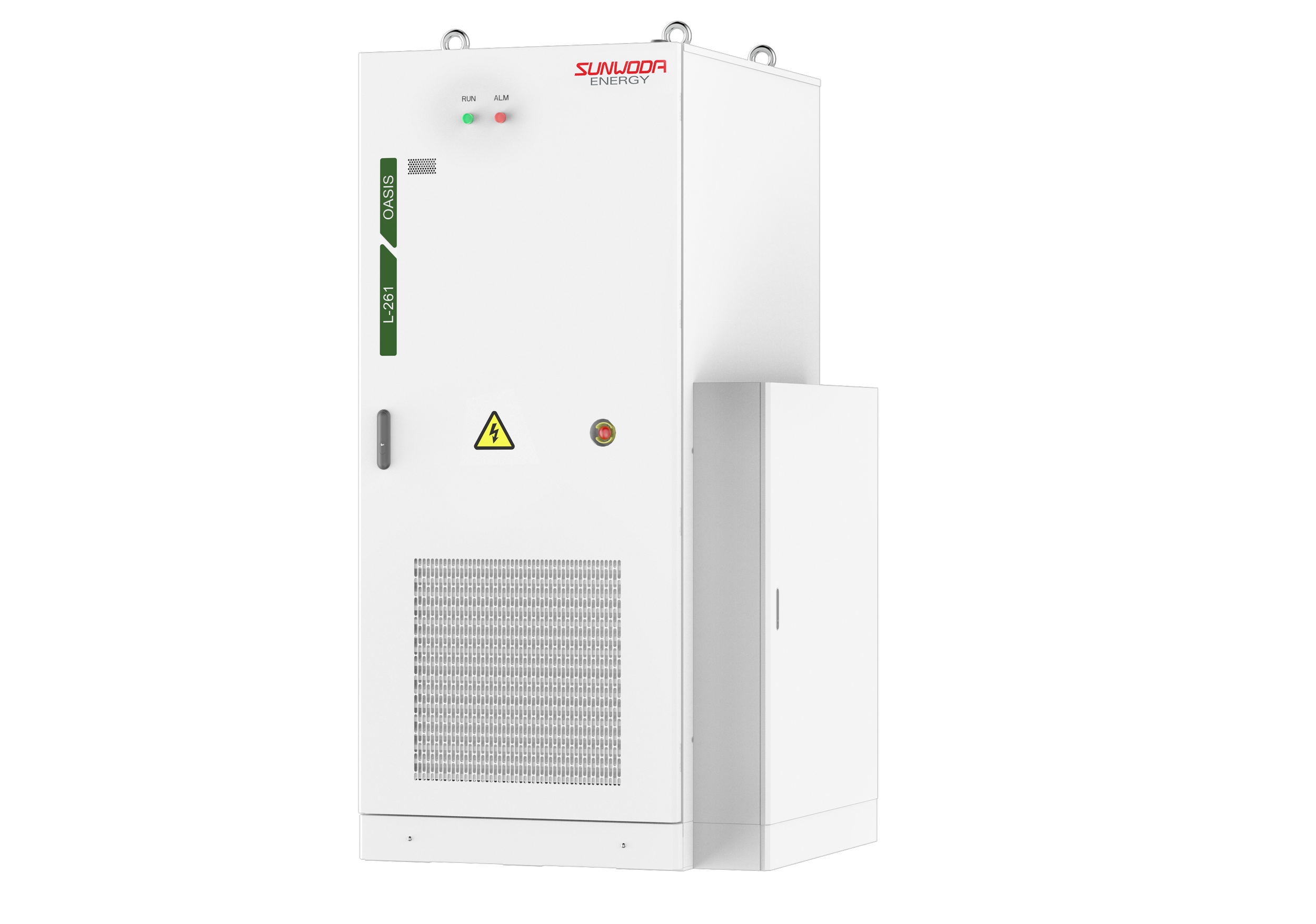 White industrial energy storage cabinet with vents, warning sign, and indicator lights, labeled 'OASIS L261' by Sunwoda x Samvolt, against a black background.