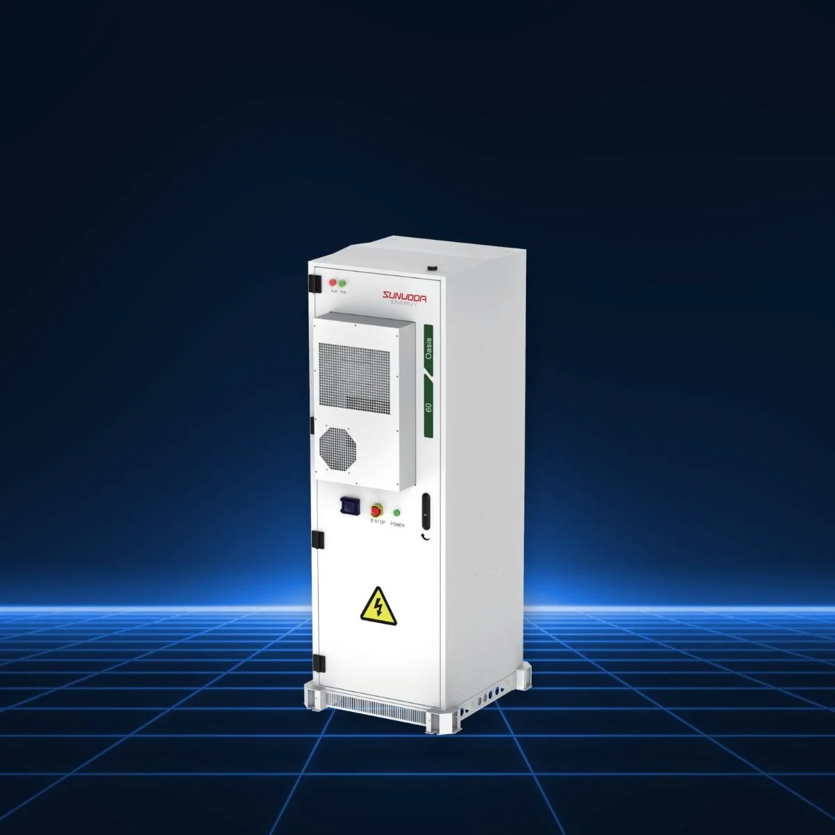 A tall, white industrial machine with various control buttons and vents, positioned on a digital grid background.