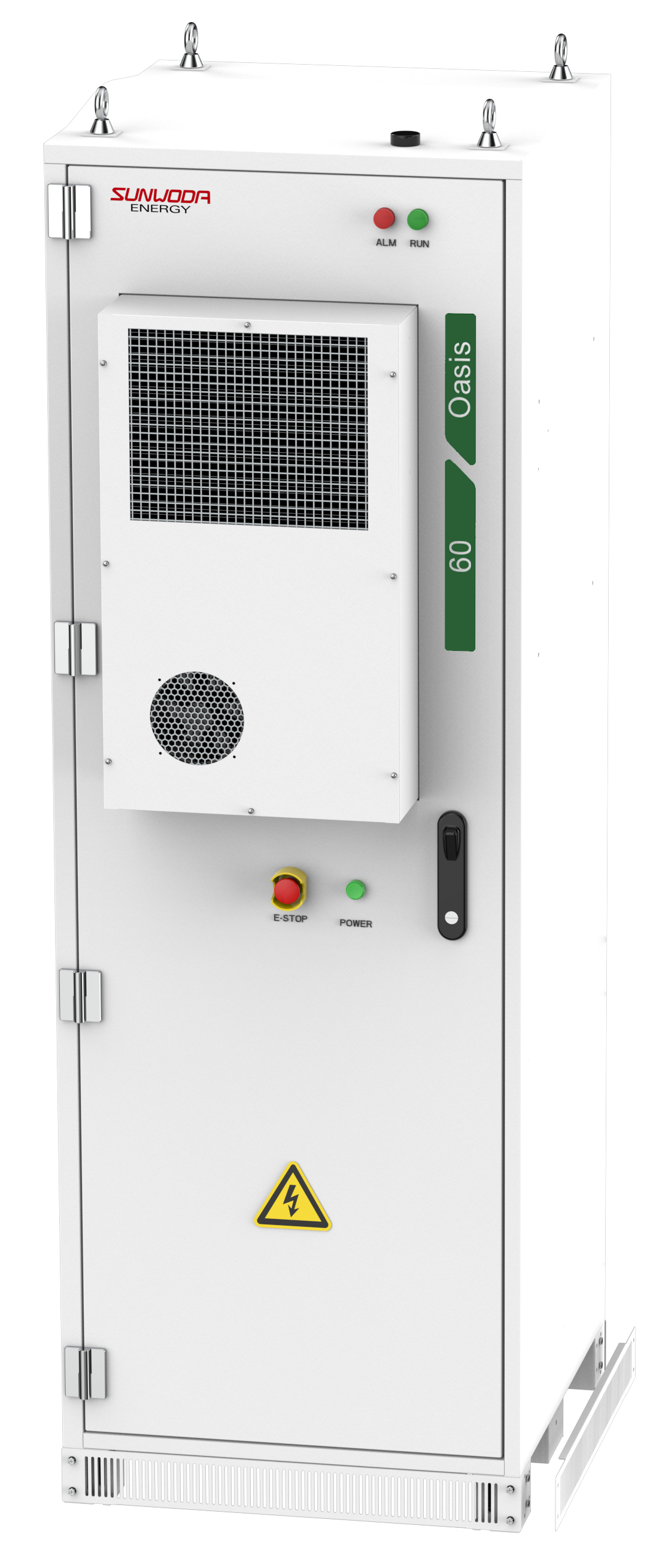 A white electrical or energy storage cabinet with vents, warning labels, and control buttons, labeled Oasis 60 by Sunwoda Energy.