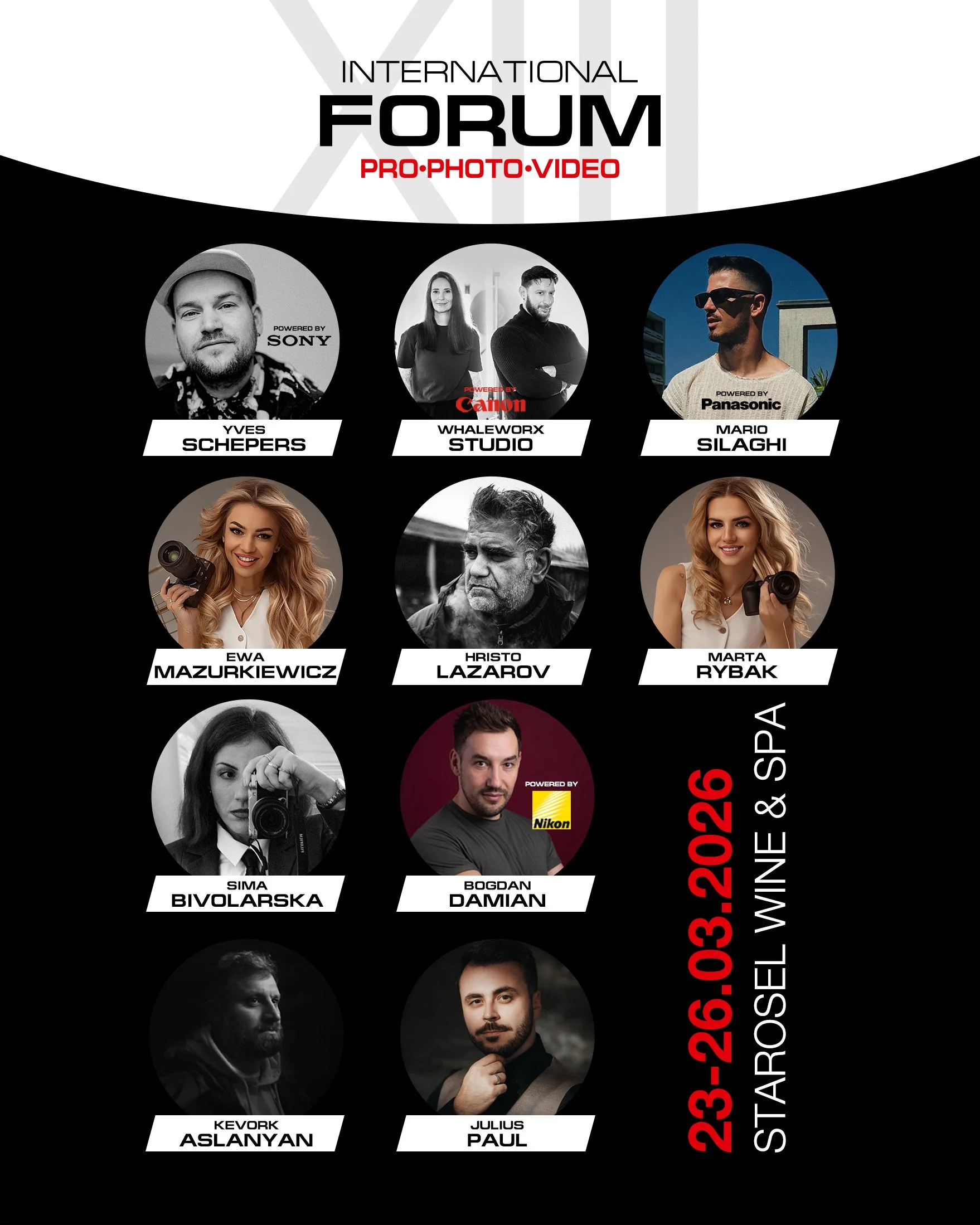 Event poster for the International Photo and Video Forum, held on March 23-26, 2023, at Starotel Wine & Spa. The poster features headshots of ten speakers and organizers, including Yves Schepers, Whaleworx Studio, Mario Silaghi, Ewa Mazurkiewicz, Hristo Lazarov, Marta Rybak, Sima Bivolarska, Bogdan Damian, Kevork Aslanyan, and Julius Paul.