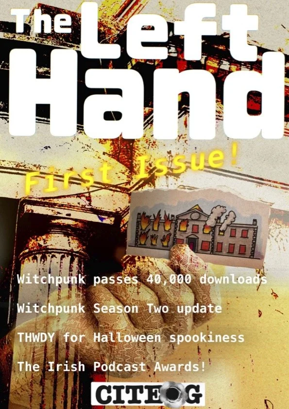The Left Hand magazine first issue cover featuring a witchpunk collage, burning buildings illustration, and promotional text.