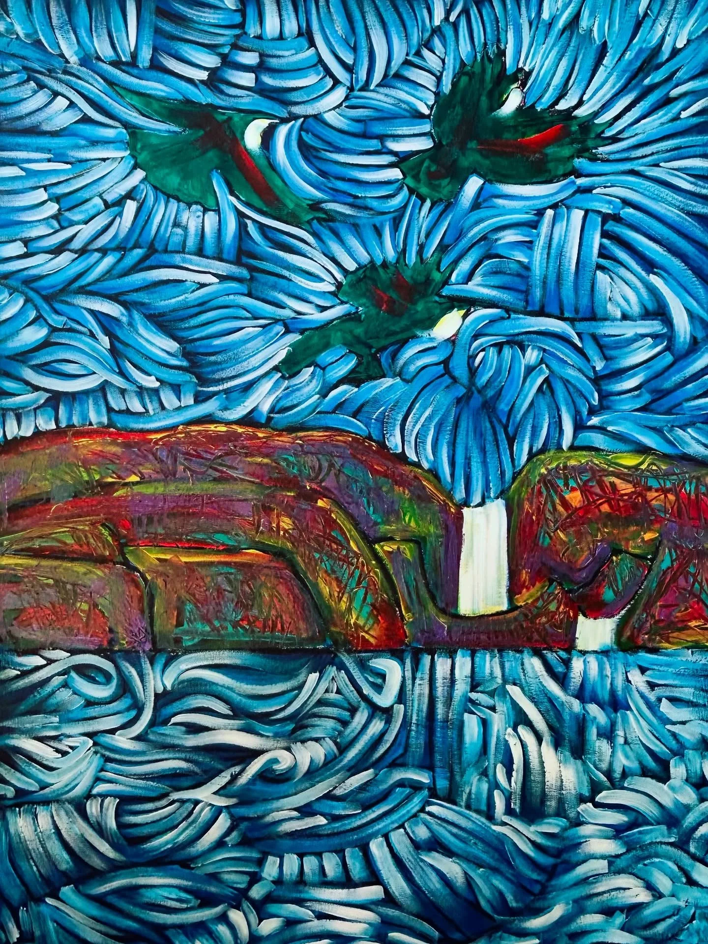 Work in progress.
So many layers of paint and glaze to go.
Working on the geology of the hills.