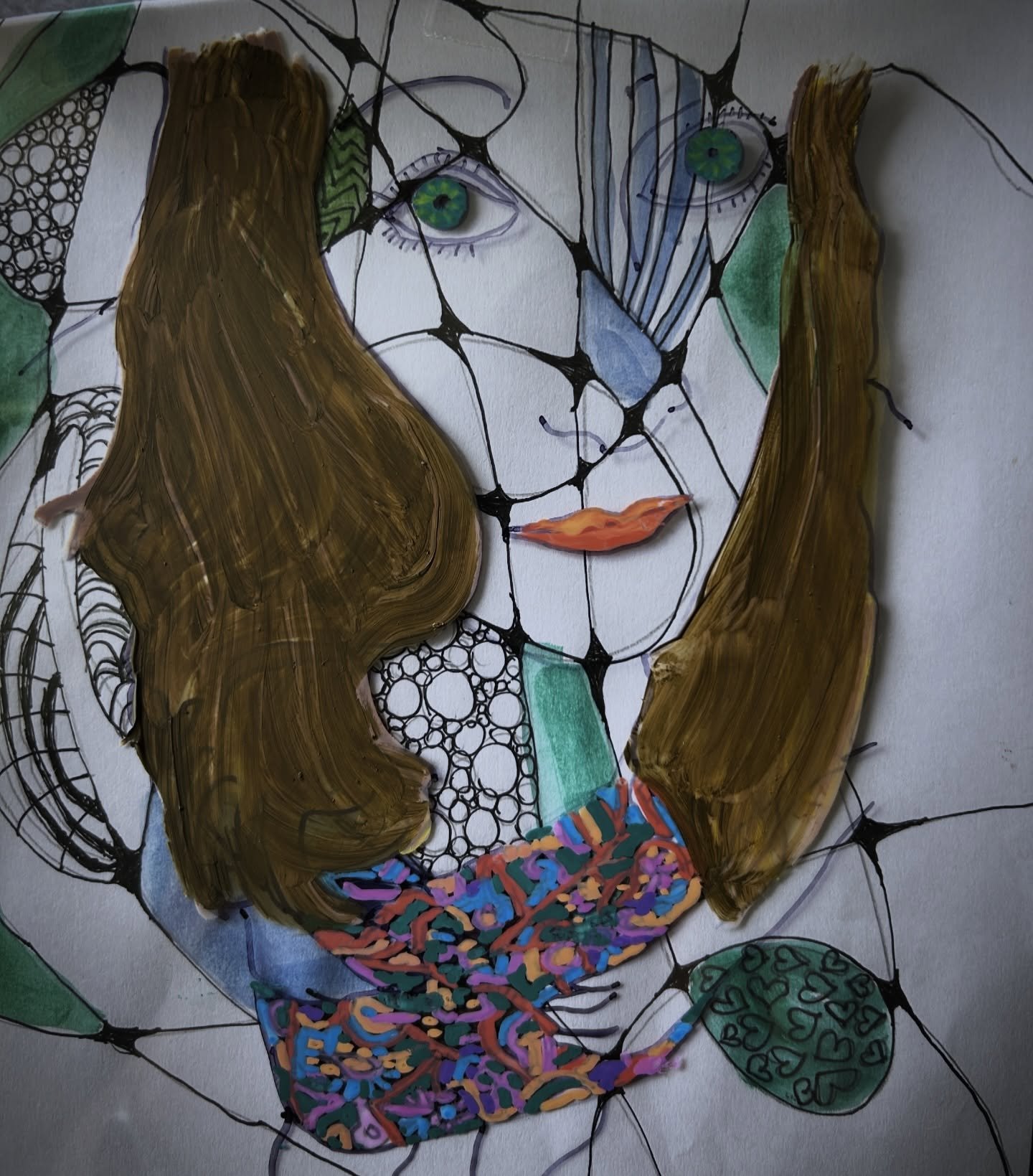 Working on example fora class lesson in reverse acetate self portraits. Actually two bits of art meshed together plus a digital component.