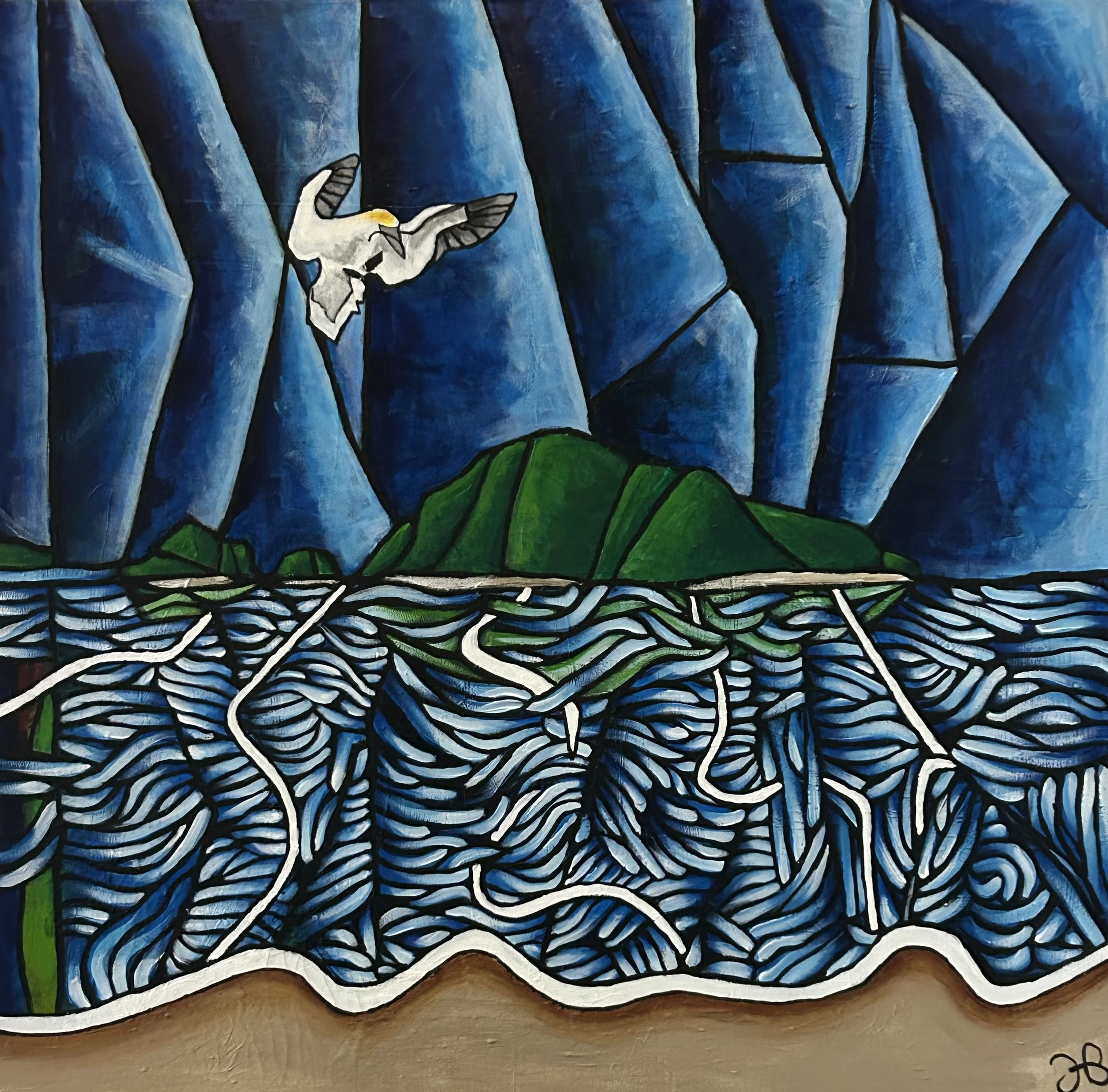 Motu Maire 
Acrylic on stretched canvas
760mm x 760mm 

Motu Maire sits off the bluff between Paihia and Waitangi. A small island sitting beyond the  restless surface of the water. Gannet poised ready to dive.
Availability - For Sale 