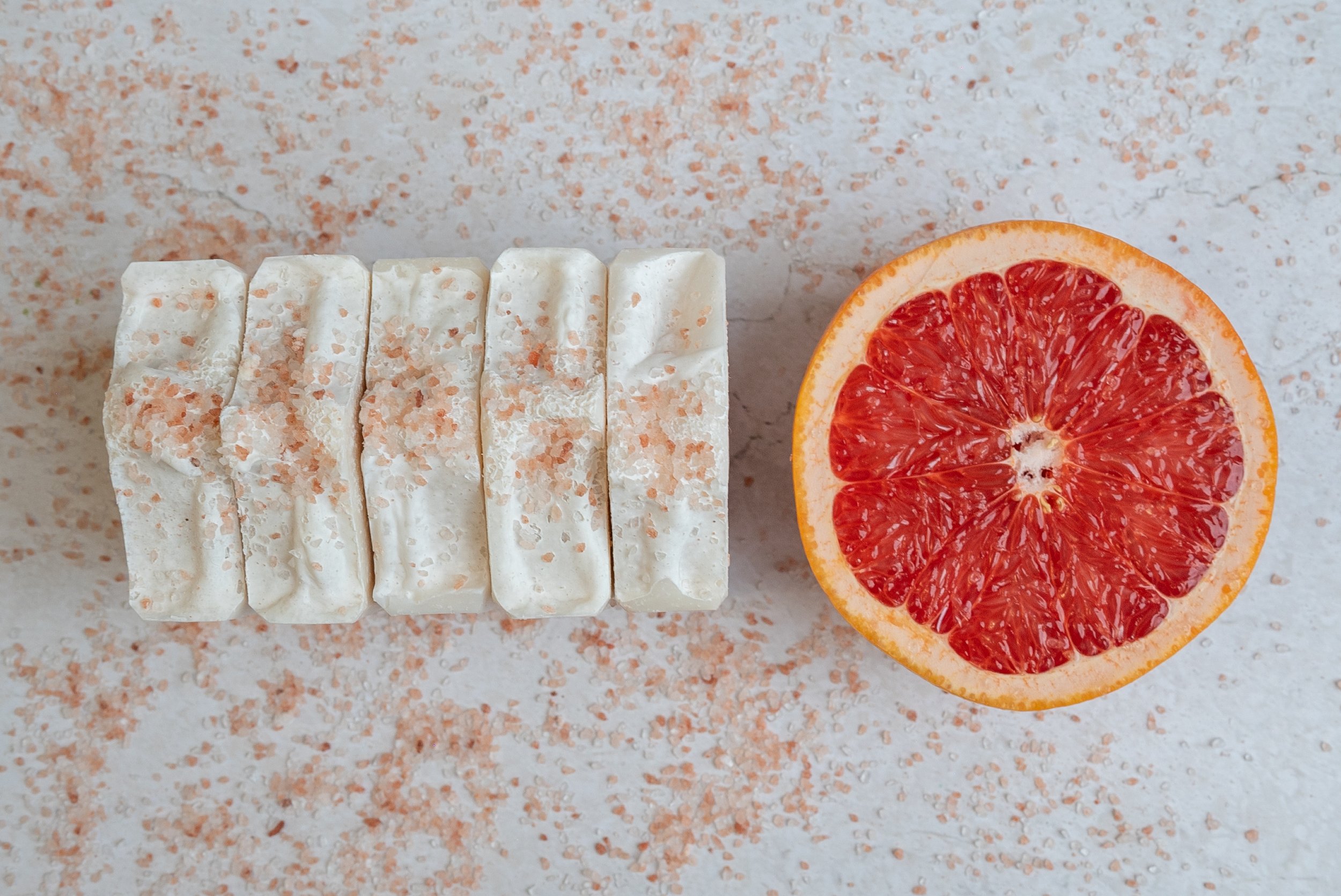 Handmade pink and white swirled soap with Himalayan salt and grapefruit oil