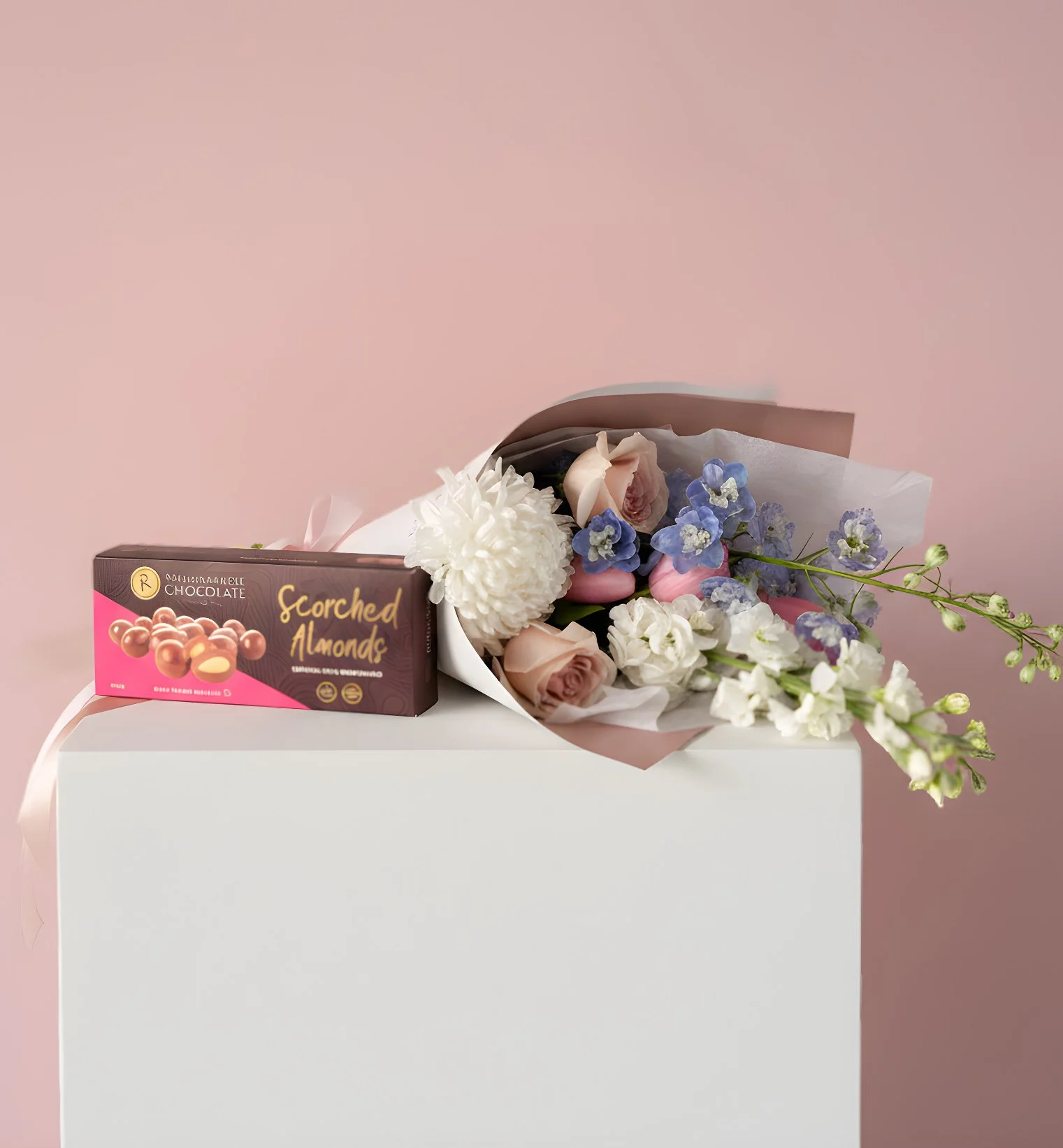kamaea's posy with new zealand made sorched almond chocolates.