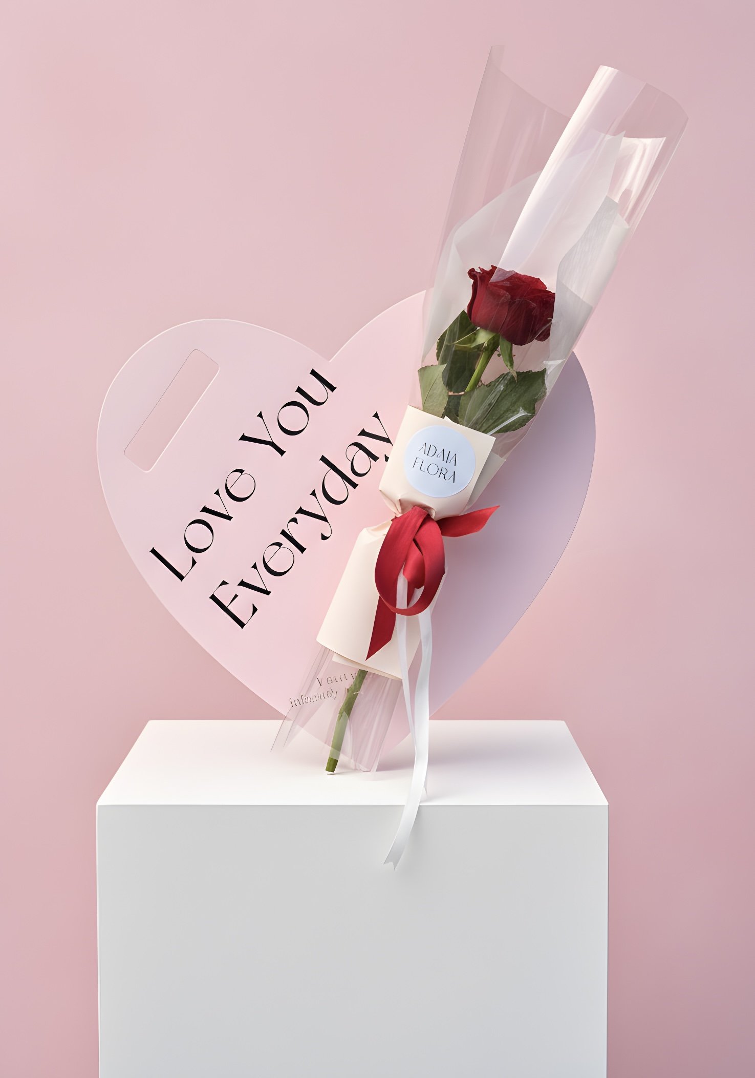 single red rose presented on a giant pink greeting card, perfect for romantic gifts and special occasions.