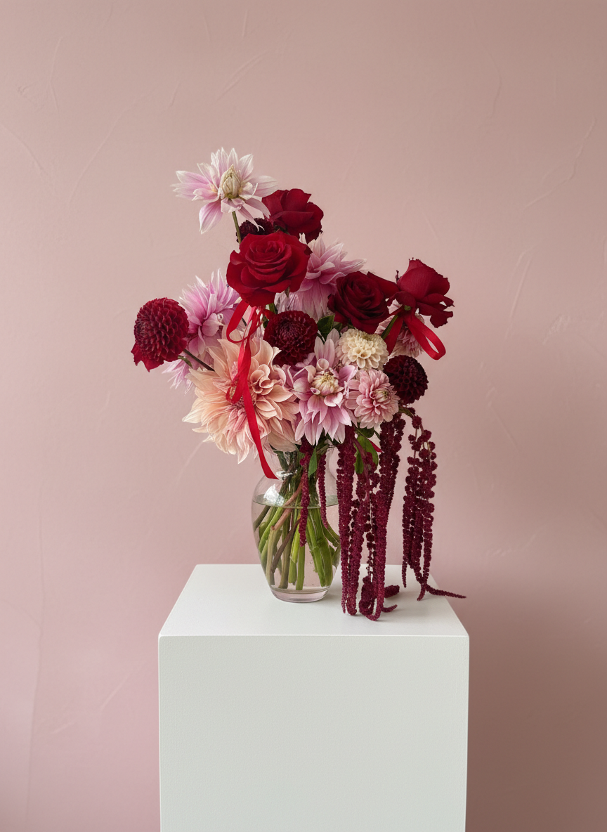 Romantic Dahlia & Red Roses Valentine’s Arrangement