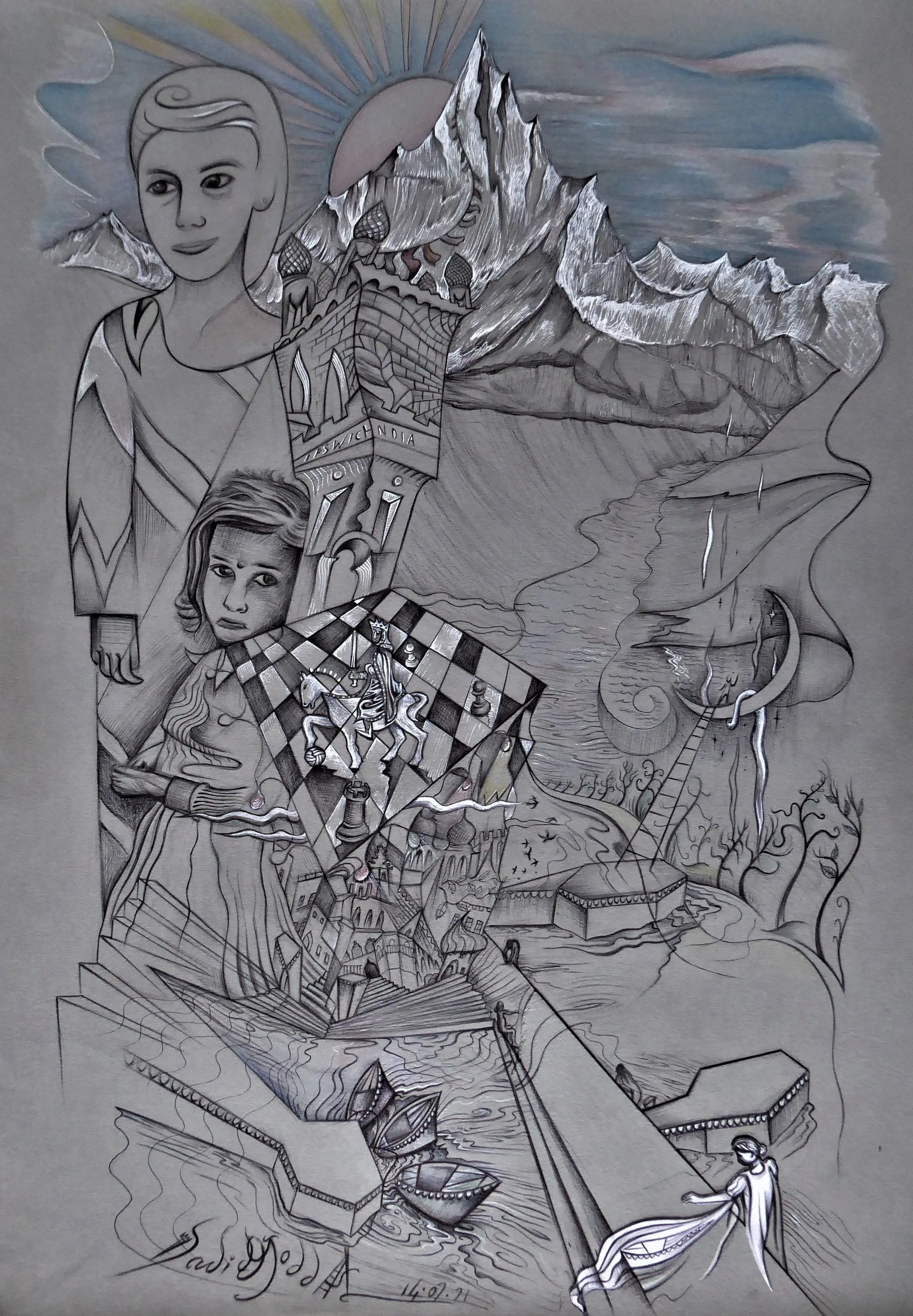 𝐌𝐲 𝐈𝐧𝐝𝐢𝐚, 2021. The two girls were from a photo I took in the back streets of Varanasi.  Which also appears alongside the Ganges.  The drawing depicts me as a king, on the horse taken from the Ipswich town football badge, at the gateway to Ind