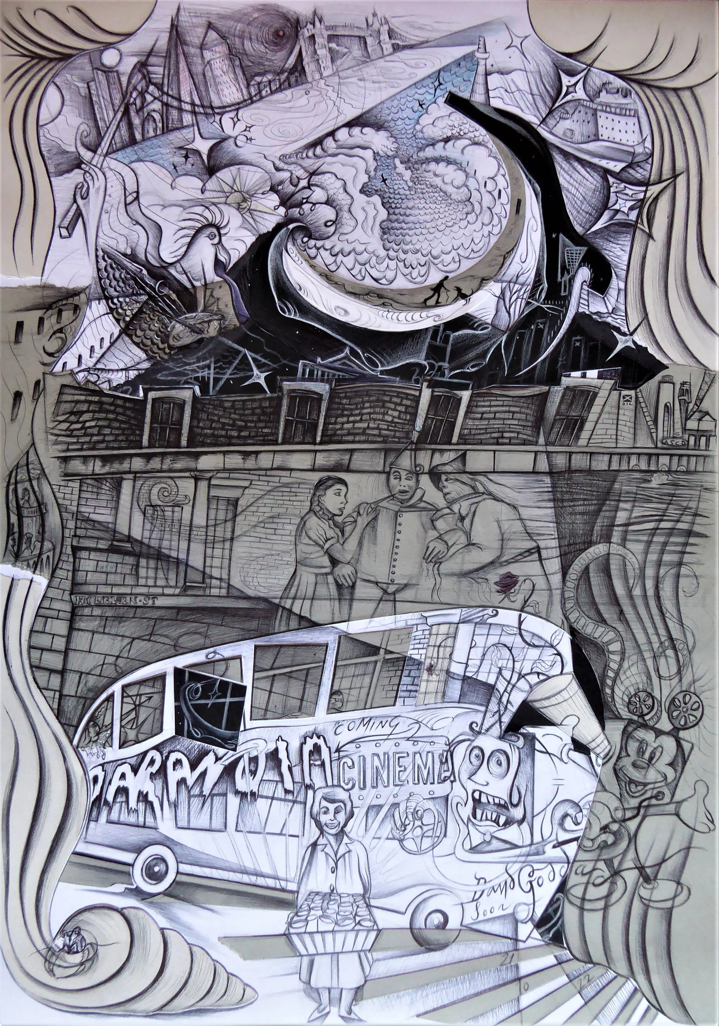 𝐓𝐡𝐞 𝐬𝐡𝐨𝐰 𝐠𝐨𝐞𝐬 𝐨𝐧  2022, created during the COVID-19 pandemic. The catalyst for this piece was a bus I saw on Holburn Street, Aberdeen. The drawing depicts my friend, Hesper, and shows a little care for myself. It captures a sunny day spe