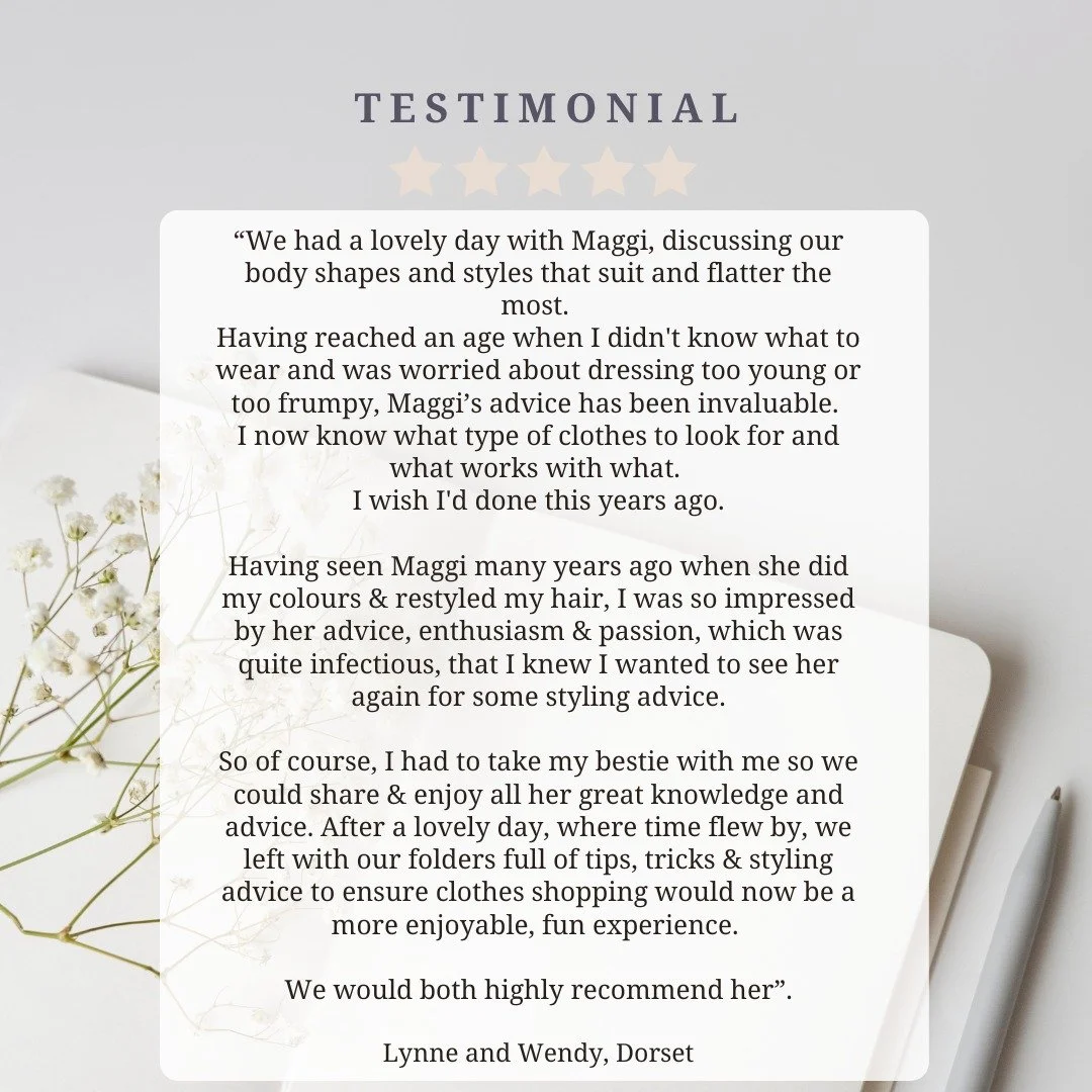 Two happy clients!

With our expert hair colouring and styling, they have discovered the colours and styles that complement their bodies and learned how to create a minimal capsule wardrobe.

Are you feeling fed up and frustrated with having too many