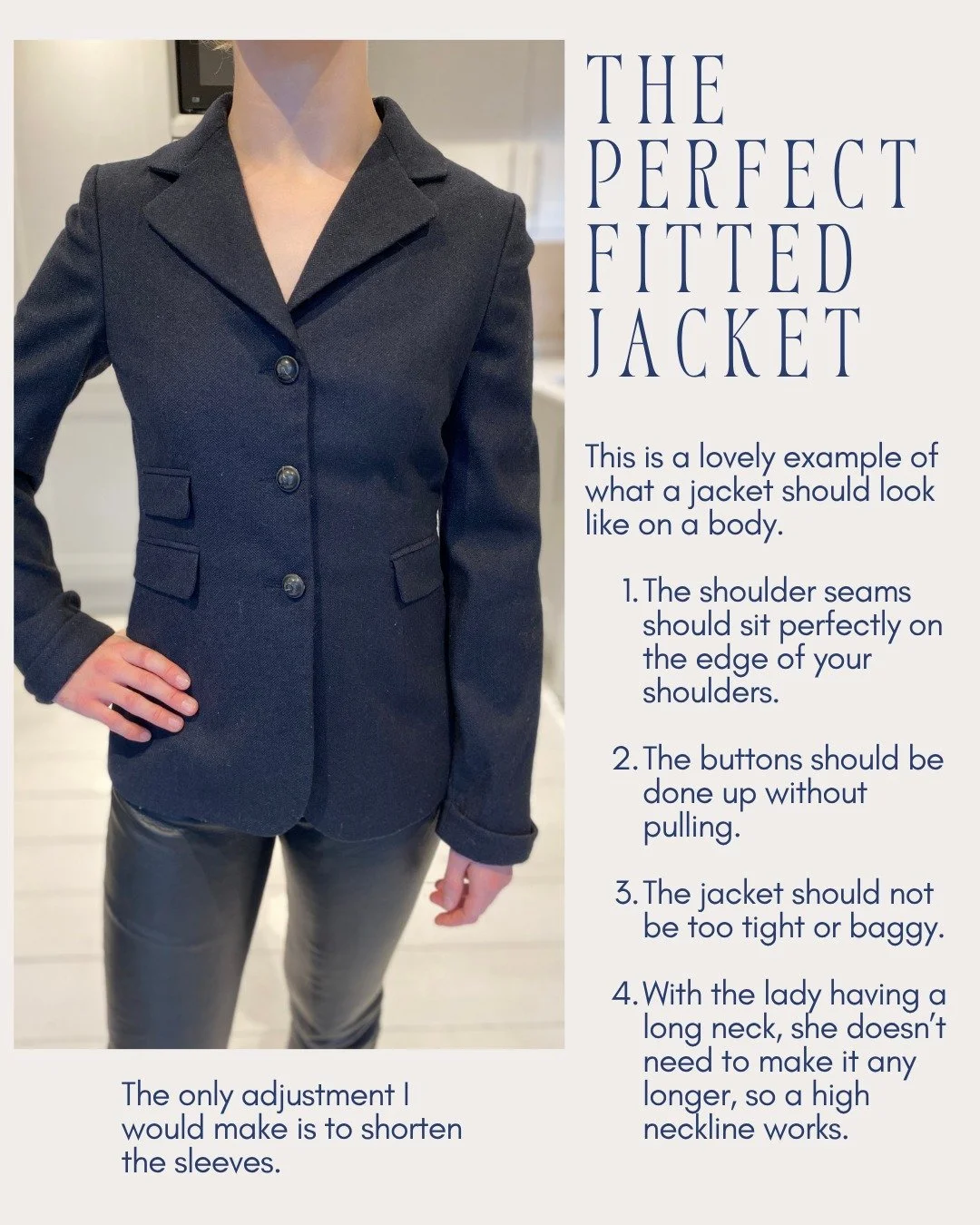 The perfect fitted jacket!

Are you aware of how a jacket should sit on a body?

Here are some pointers on what to look for. Investing in a good quality jacket that fits you well is so worth it. 
It will last you for years.

One of your basic capsule
