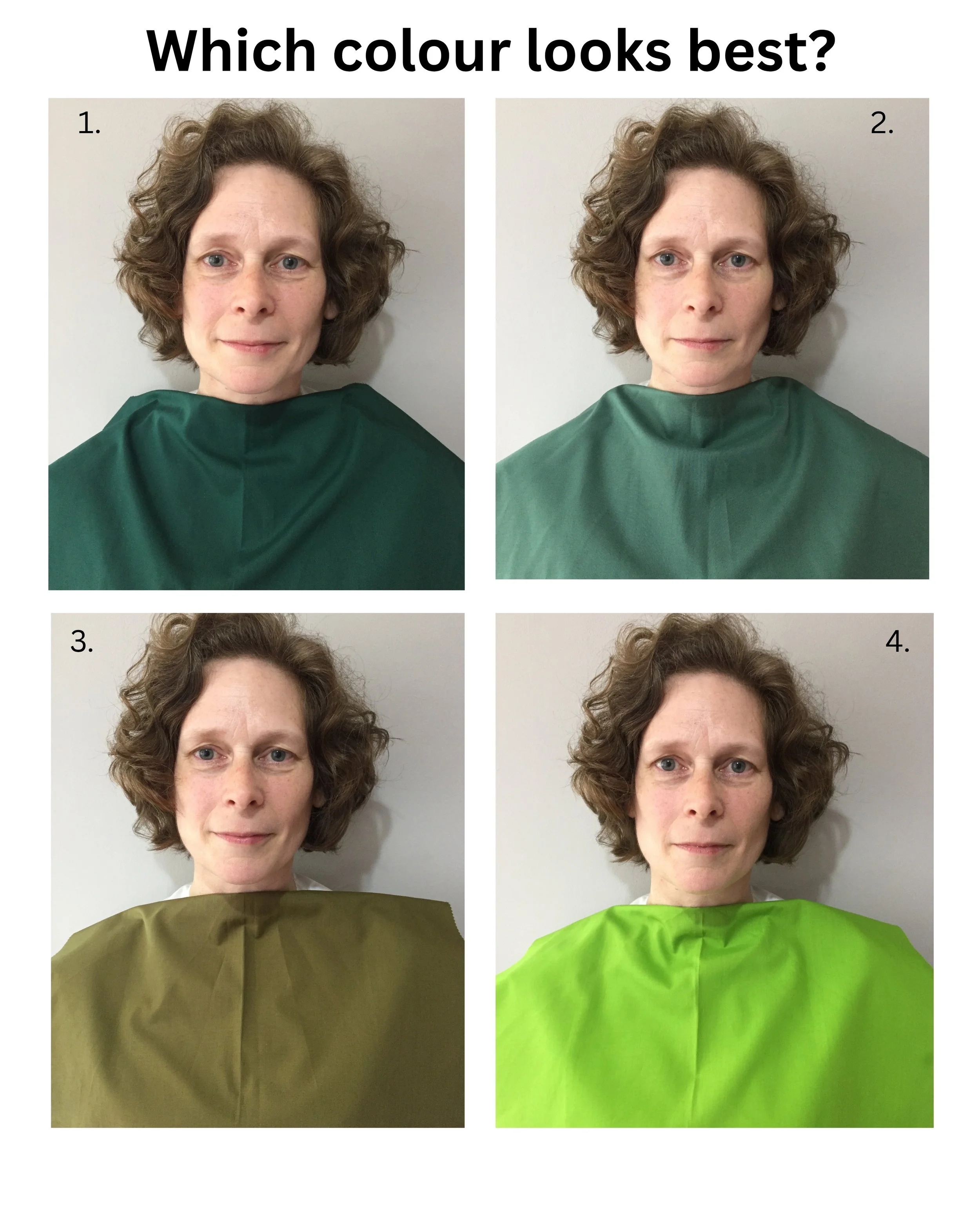 This is showing you the process of colour analysis. The aim is to find out what colours suit your skin tone.

I place fabrics against your face to see which of these 4 colours harmonise with your skin, hair, and eyes.

The questions I am asking mysel