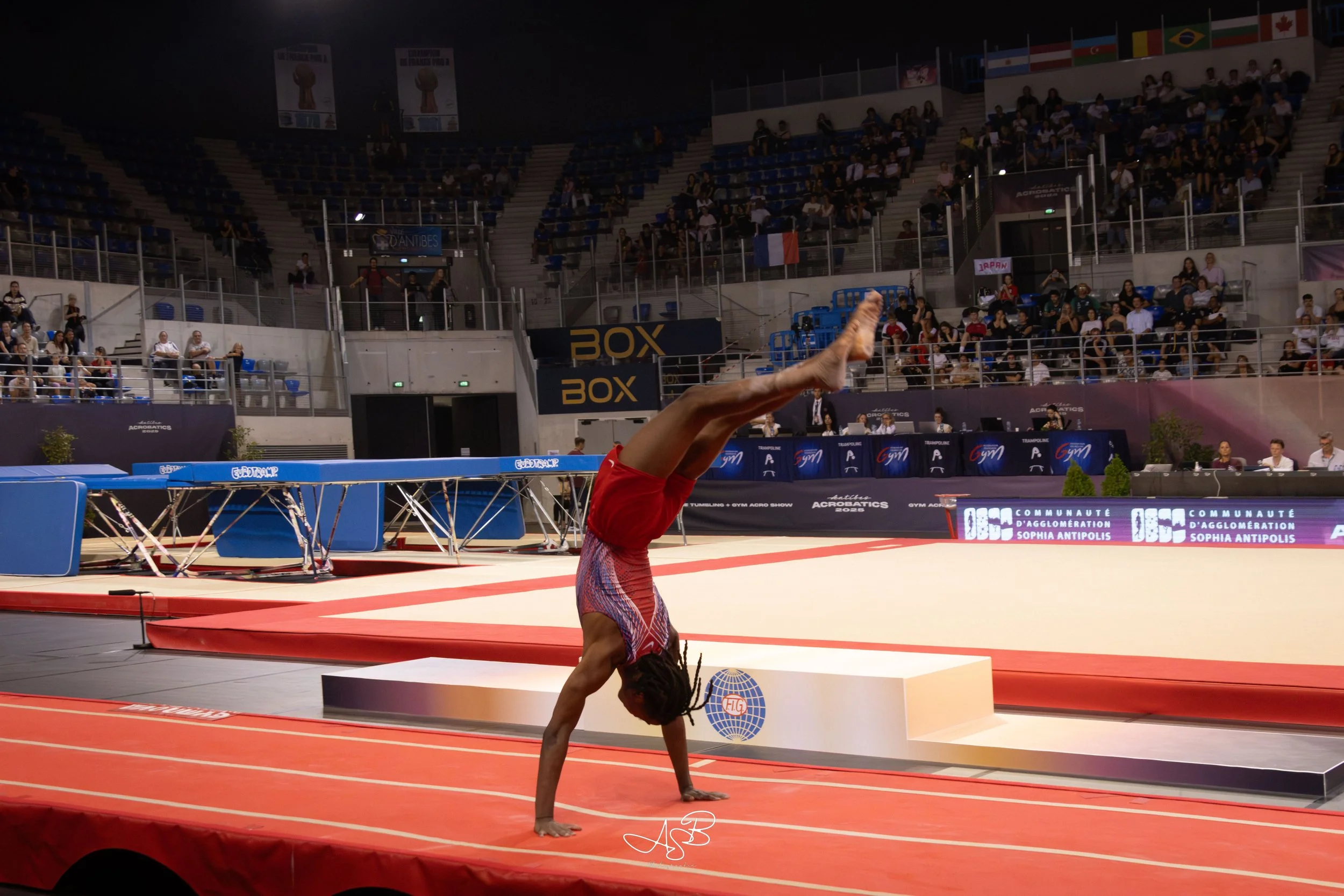 Gymnaste effectuant un équilibre en main sur un tapis de compétition dans une salle avec public et drapeaux internationaux.