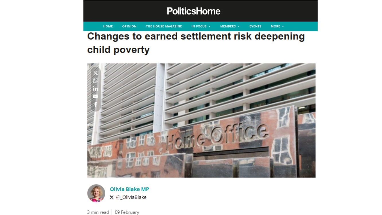 Olivia Blake MP: “Changes to Earned Settlement Risk Deepening Child Poverty.”