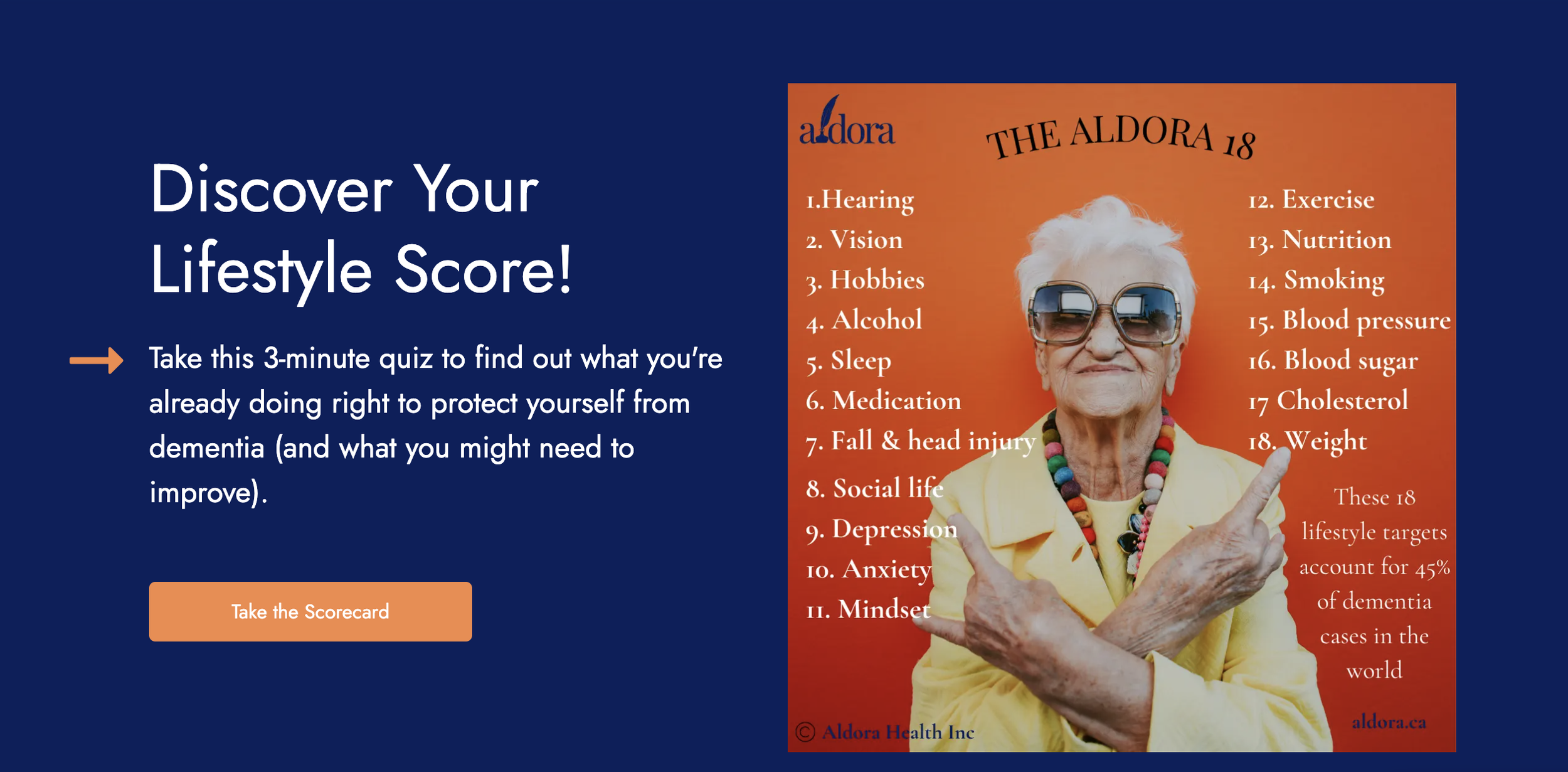 A promotional graphic for a health and lifestyle quiz by Aldora Health Inc. on the left, with white text on a dark blue background inviting viewers to take a 3-minute quiz to improve dementia protection. There is an orange button labeled 'Take the Scorecard' below the text. On the right, an image of an elderly woman with white hair, wearing large sunglasses, colorful necklaces, a yellow jacket, smiling and pointing to her left, with a bright orange background. To the right of her, a list of 18 lifestyle tips related to health and dementia prevention, with the title 'THE ALDORA 18' in black text above.